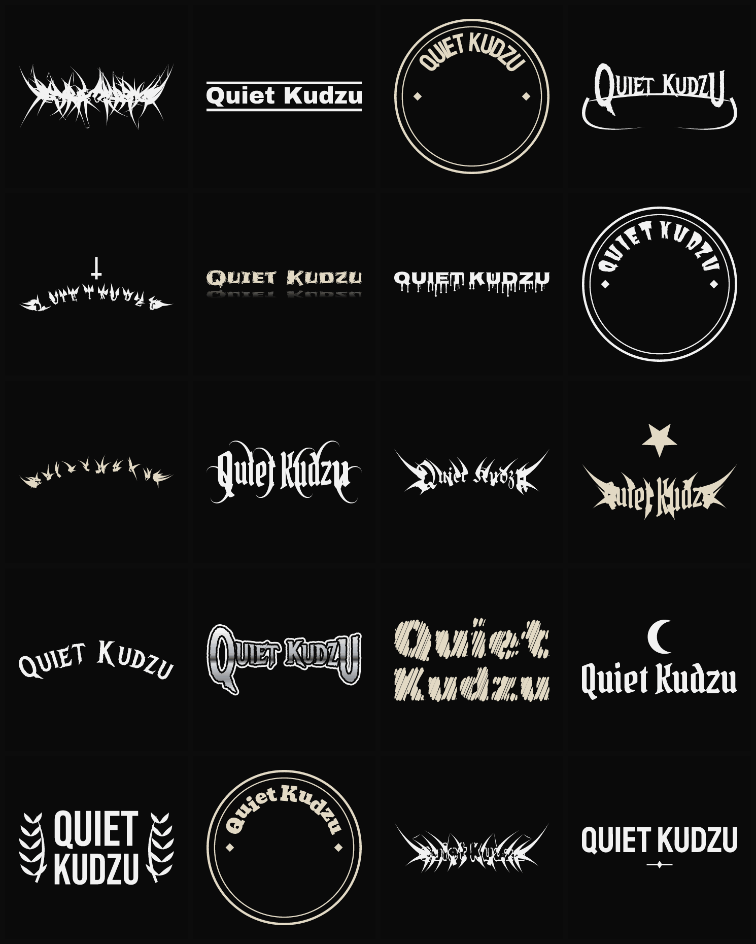 Twenty Quiet Kudzu band logo ideas — different faces, treatments and spike settings