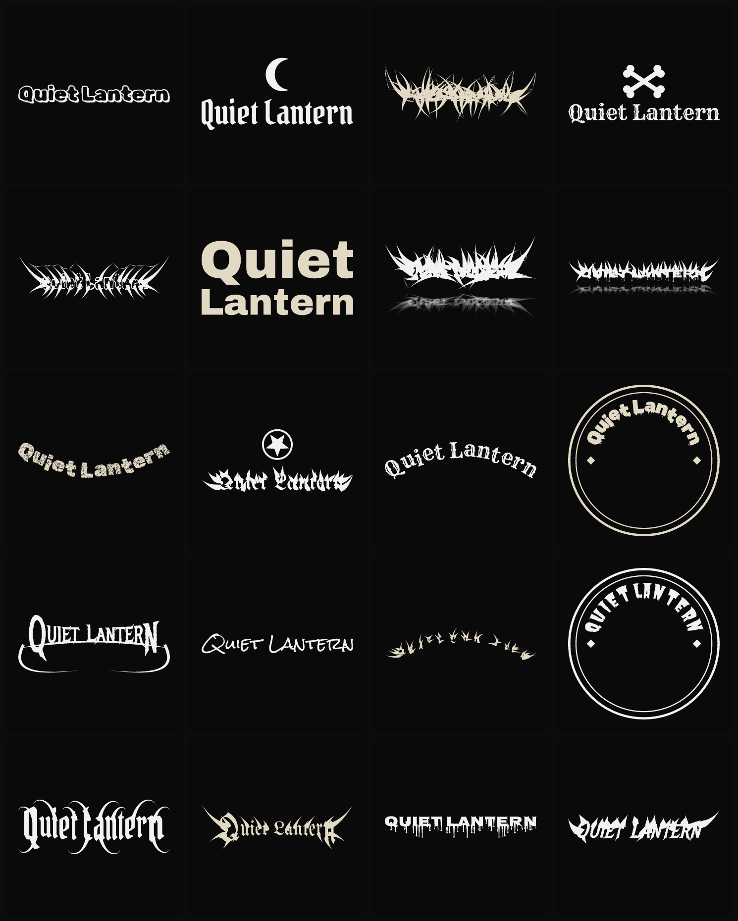 Twenty Quiet Lantern band logo ideas — different faces, treatments and spike settings