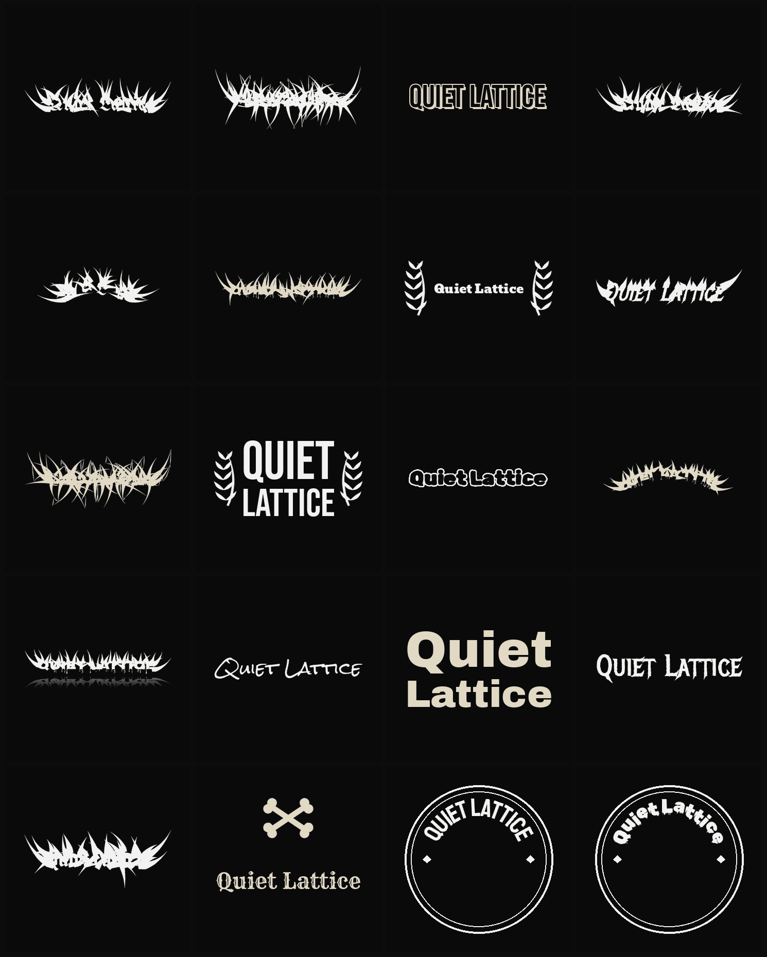 Twenty Quiet Lattice band logo ideas — different faces, treatments and spike settings