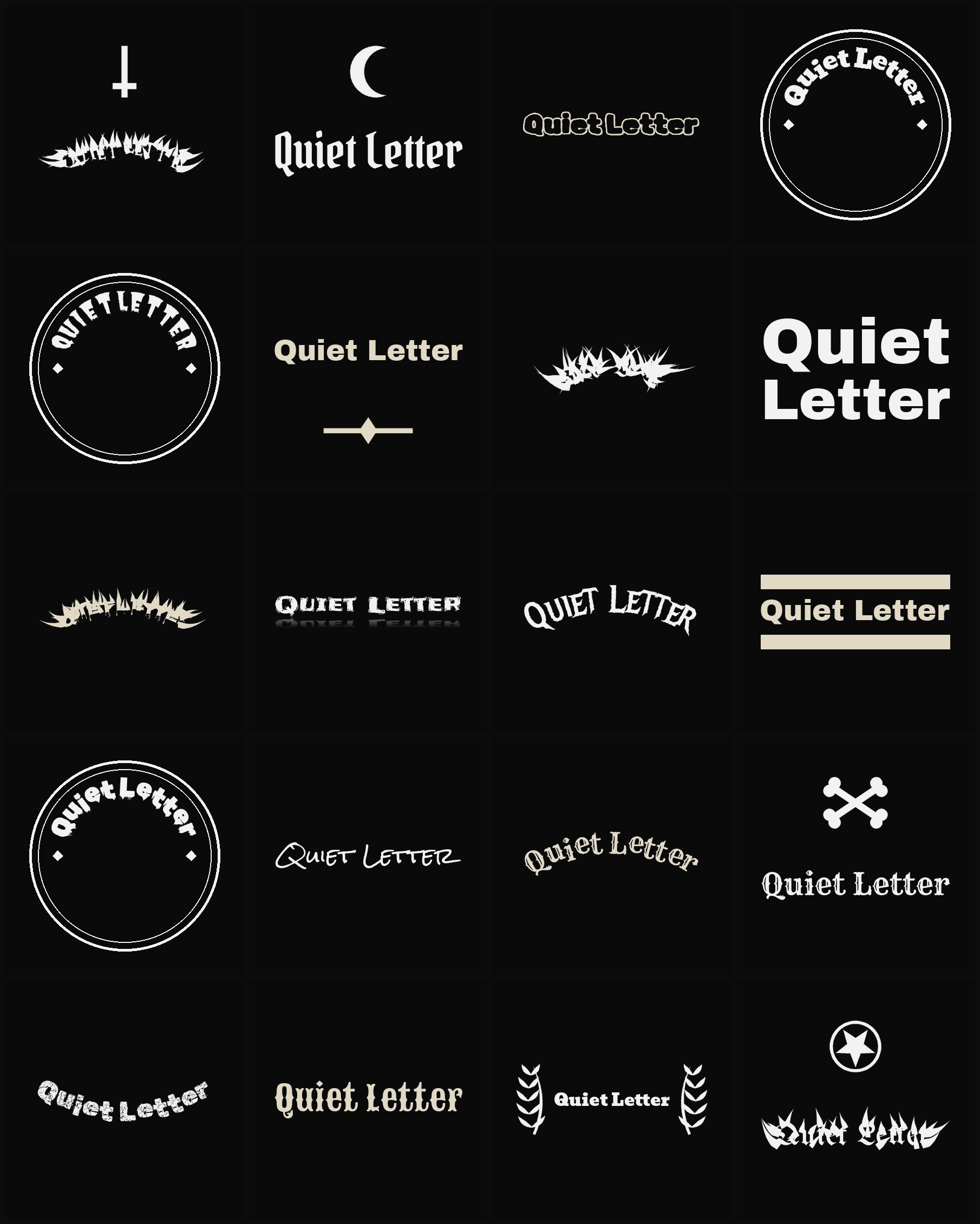 Twenty Quiet Letter band logo ideas — different faces, treatments and spike settings