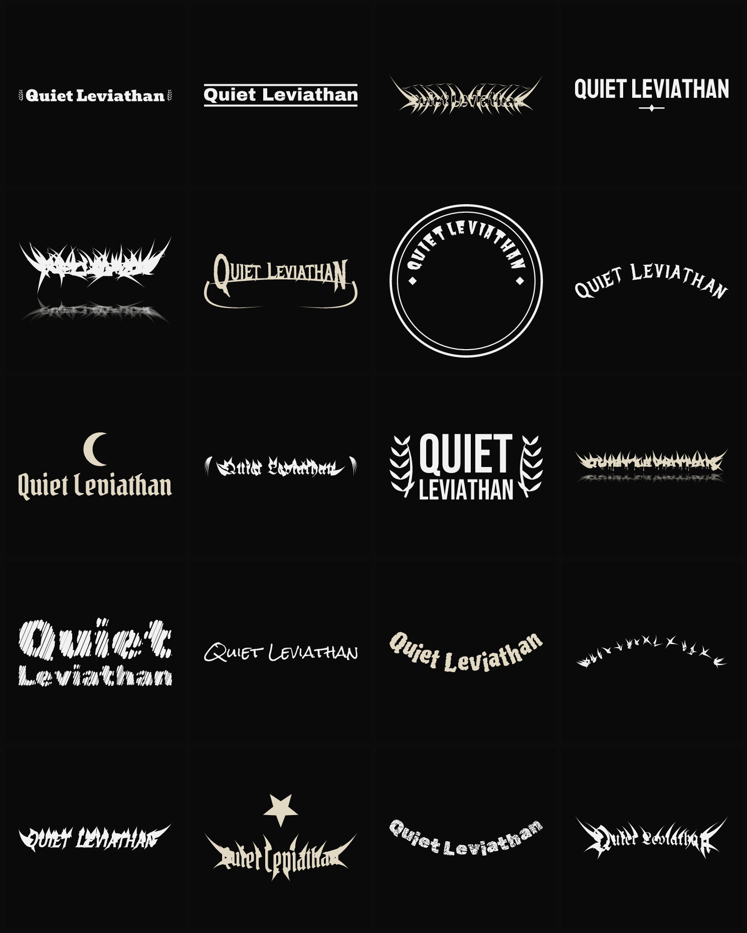 Twenty Quiet Leviathan band logo ideas — different faces, treatments and spike settings