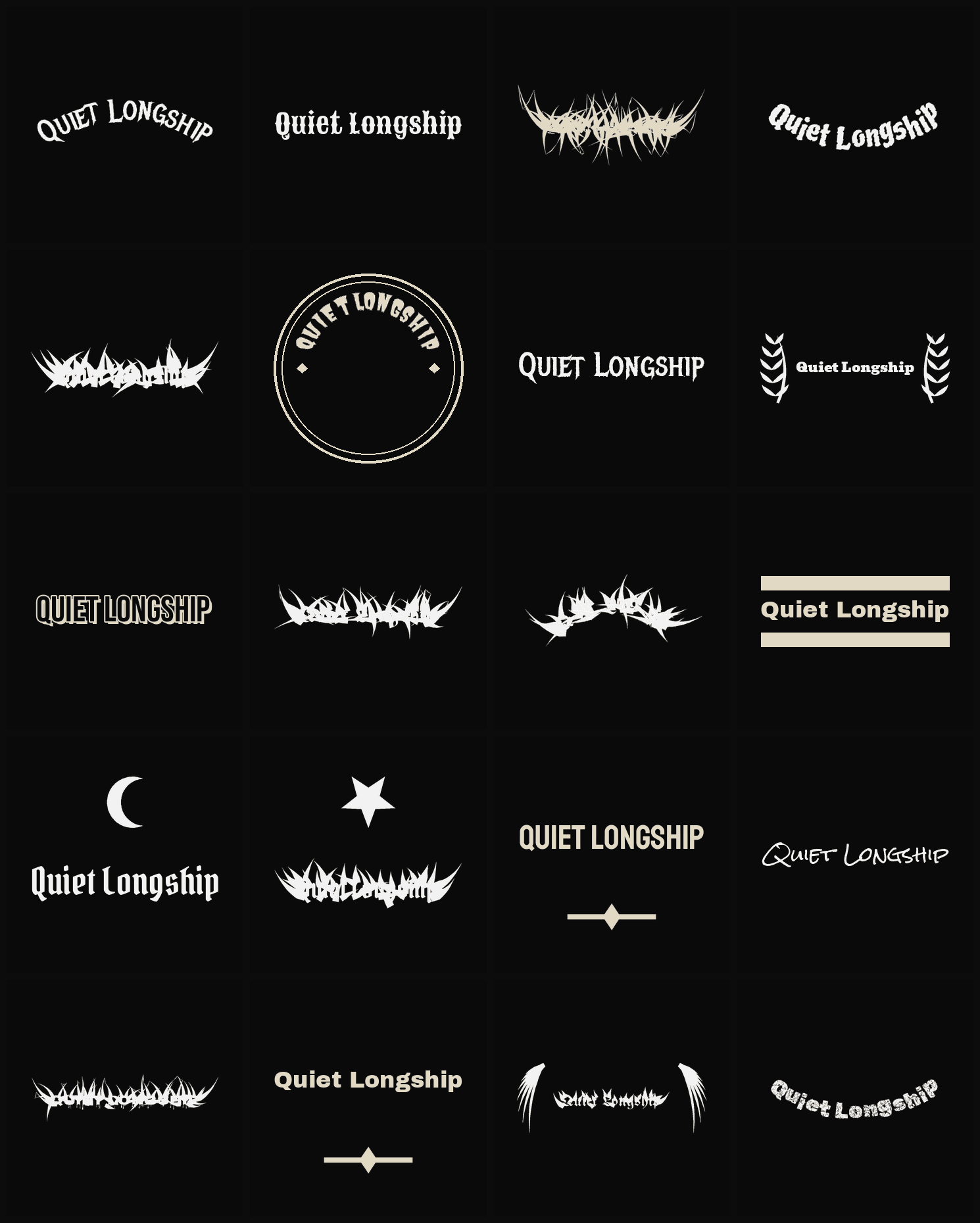Twenty Quiet Longship band logo ideas — different faces, treatments and spike settings