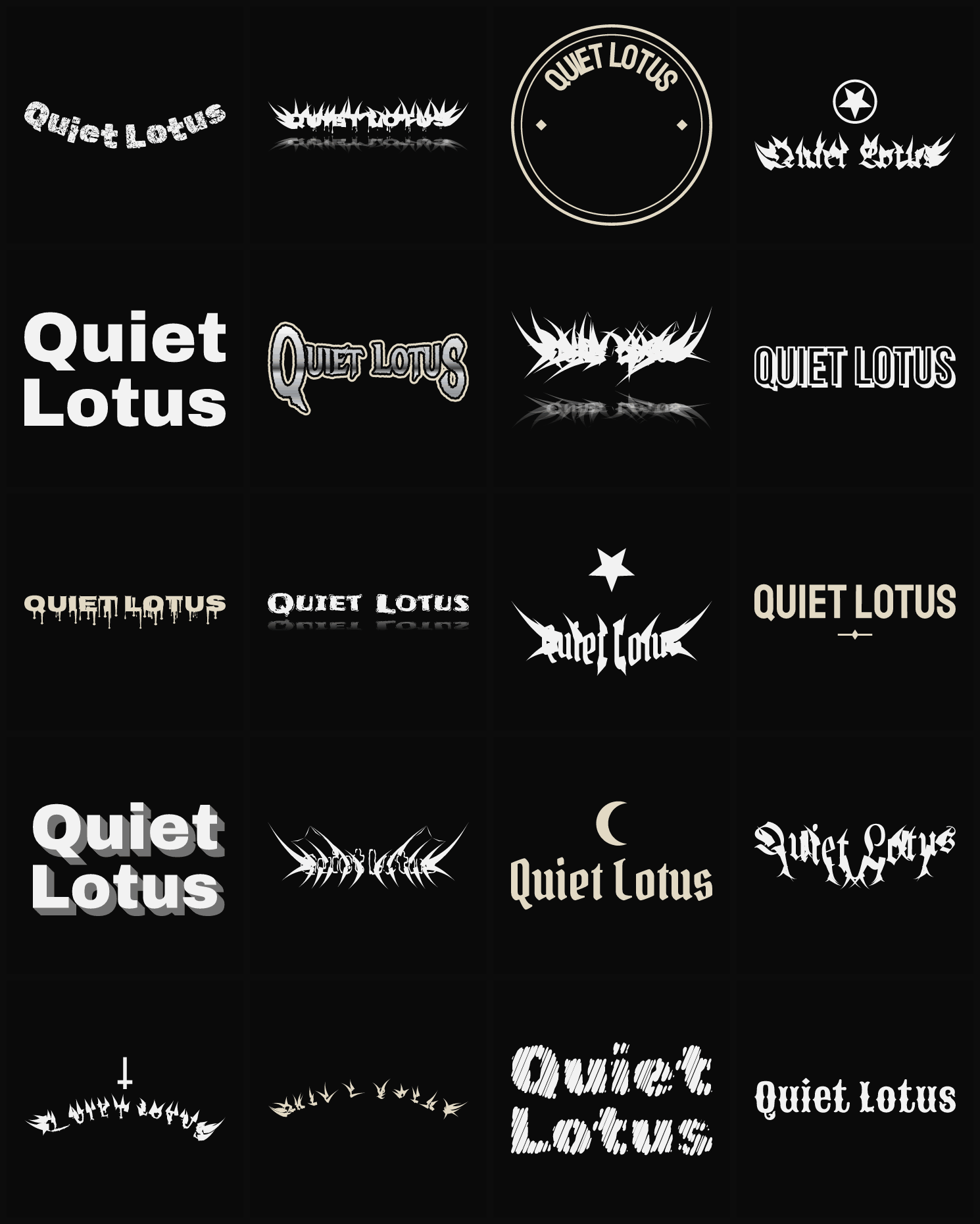Twenty Quiet Lotus band logo ideas — different faces, treatments and spike settings