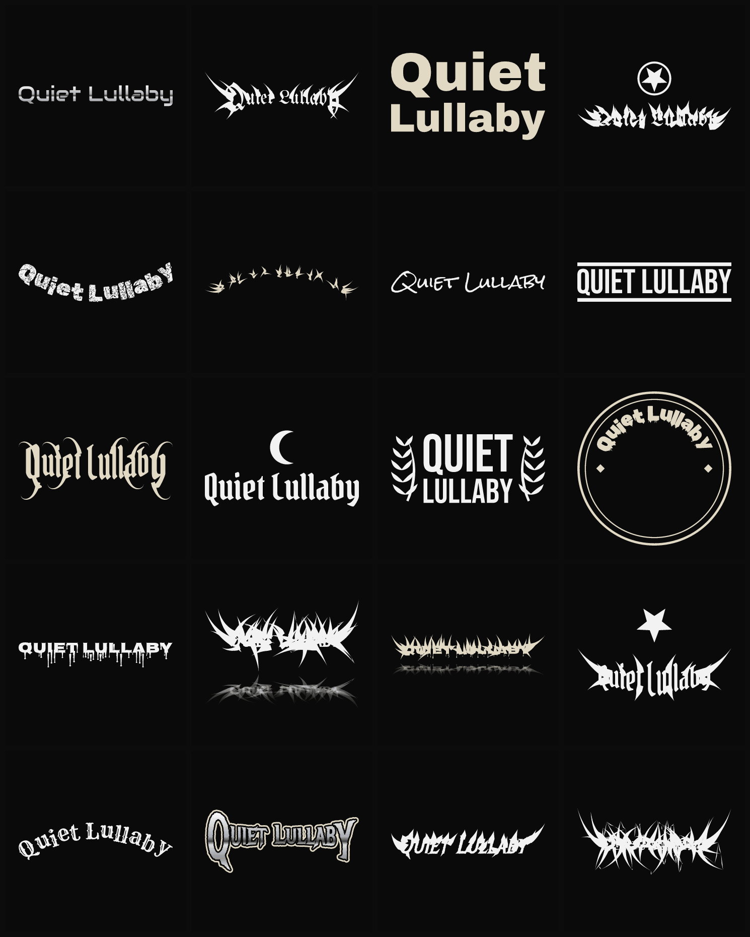 Twenty Quiet Lullaby band logo ideas — different faces, treatments and spike settings