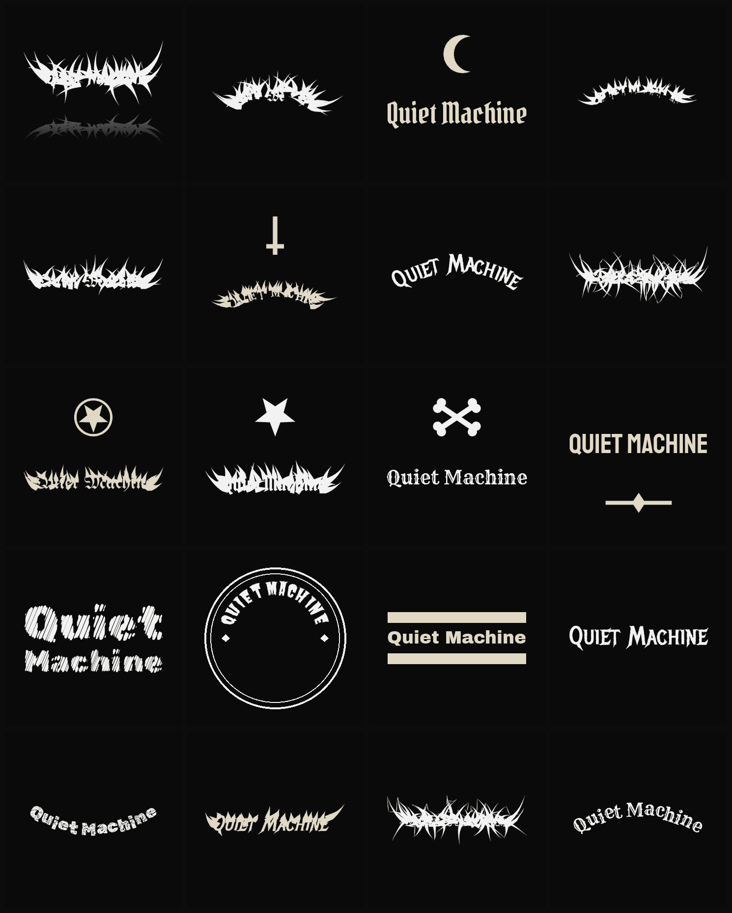 Twenty Quiet Machine band logo ideas — different faces, treatments and spike settings