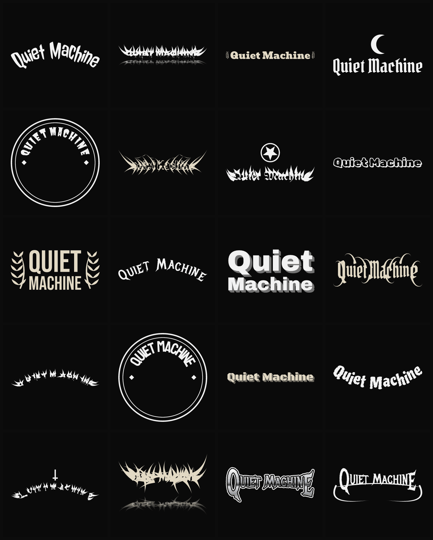 Twenty Quiet Machine band logo ideas — different faces, treatments and spike settings