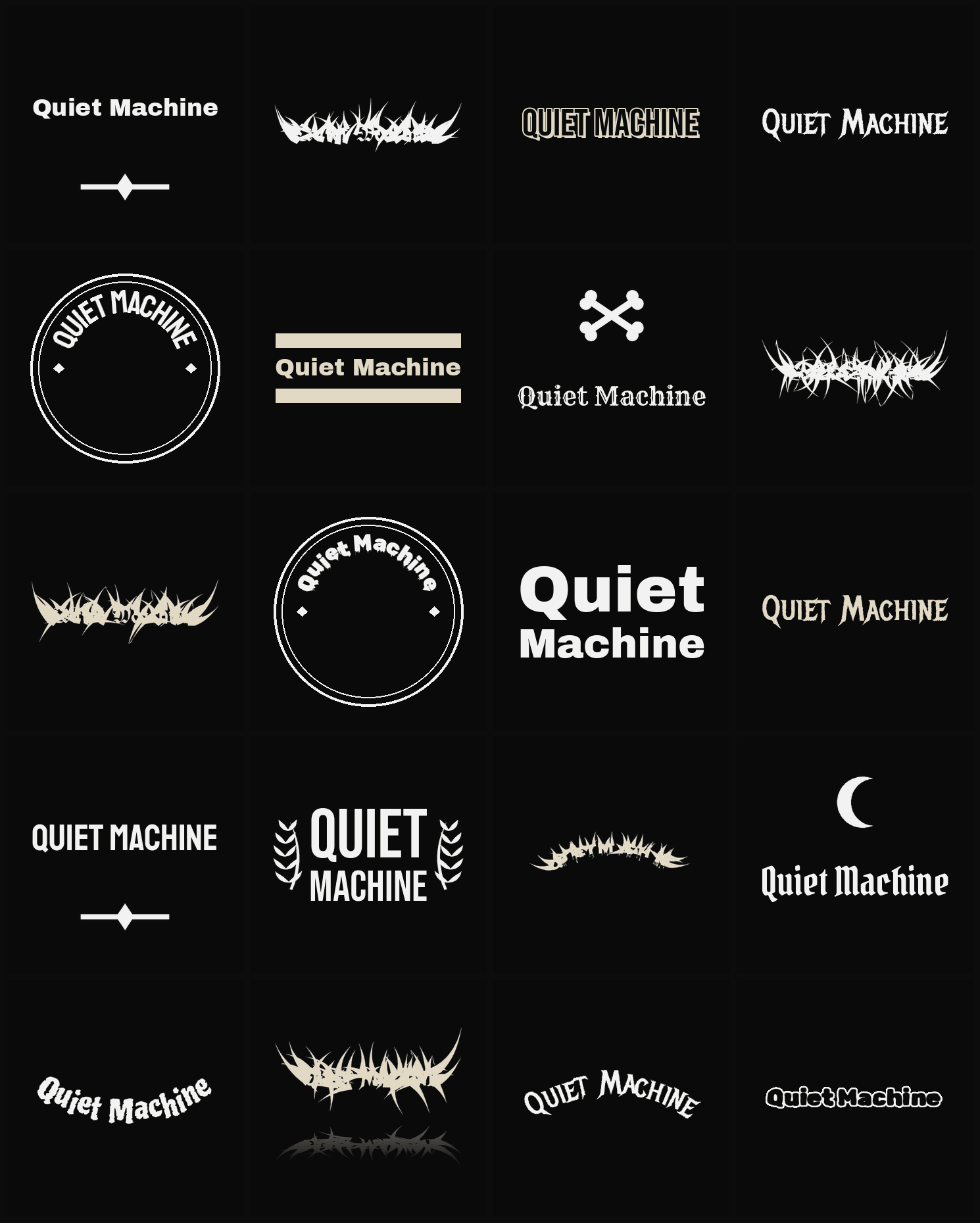 Twenty Quiet Machine band logo ideas — different faces, treatments and spike settings