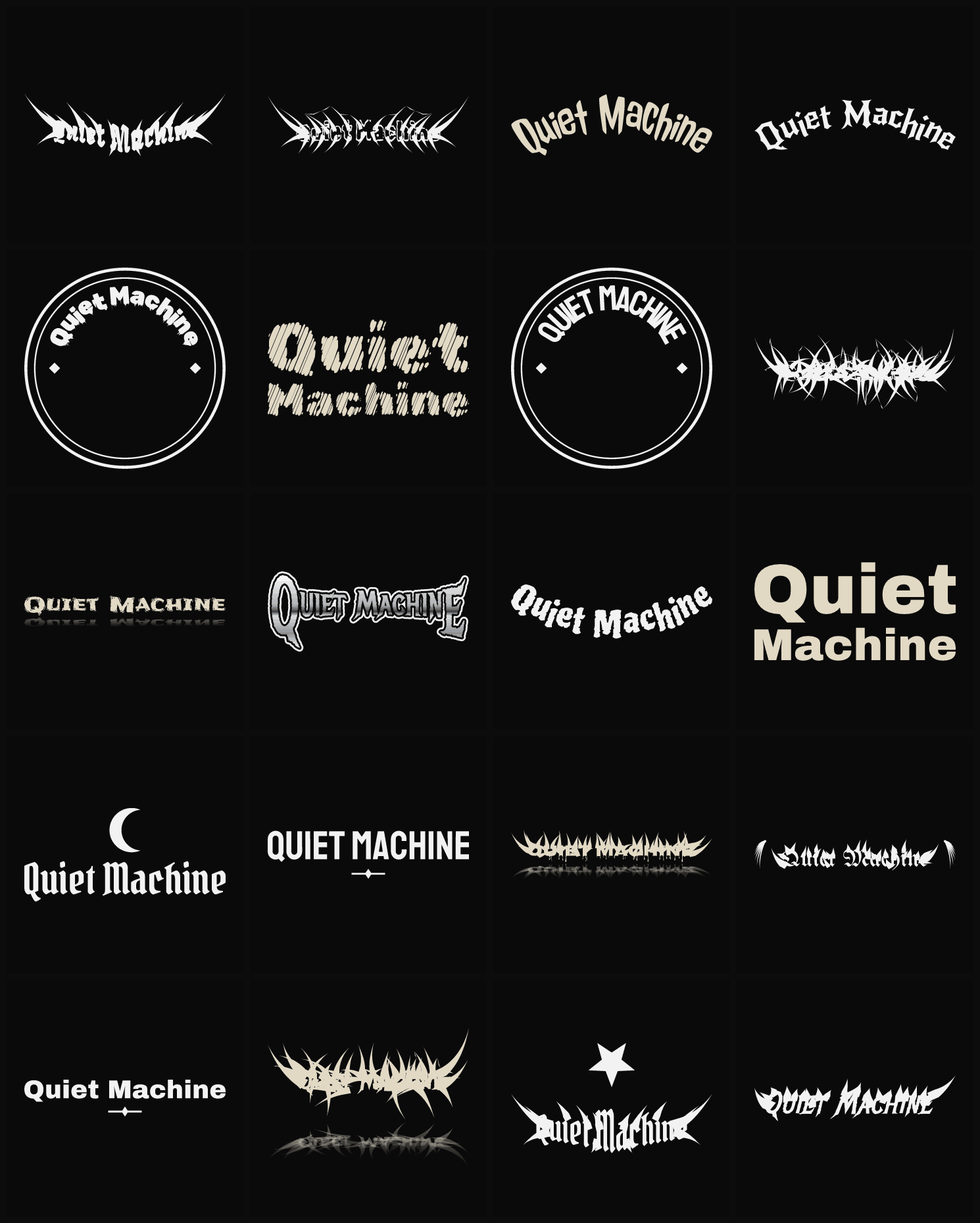 Twenty Quiet Machine band logo ideas — different faces, treatments and spike settings