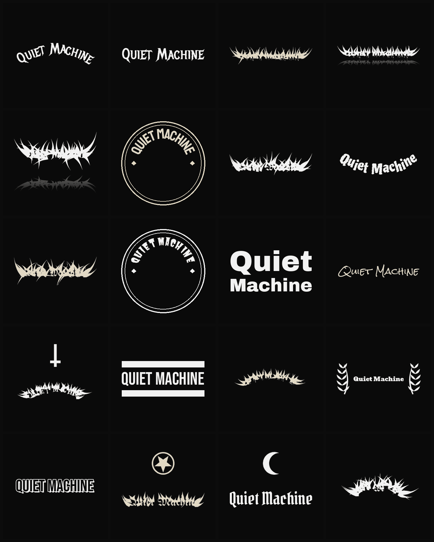 Twenty Quiet Machine band logo ideas — different faces, treatments and spike settings