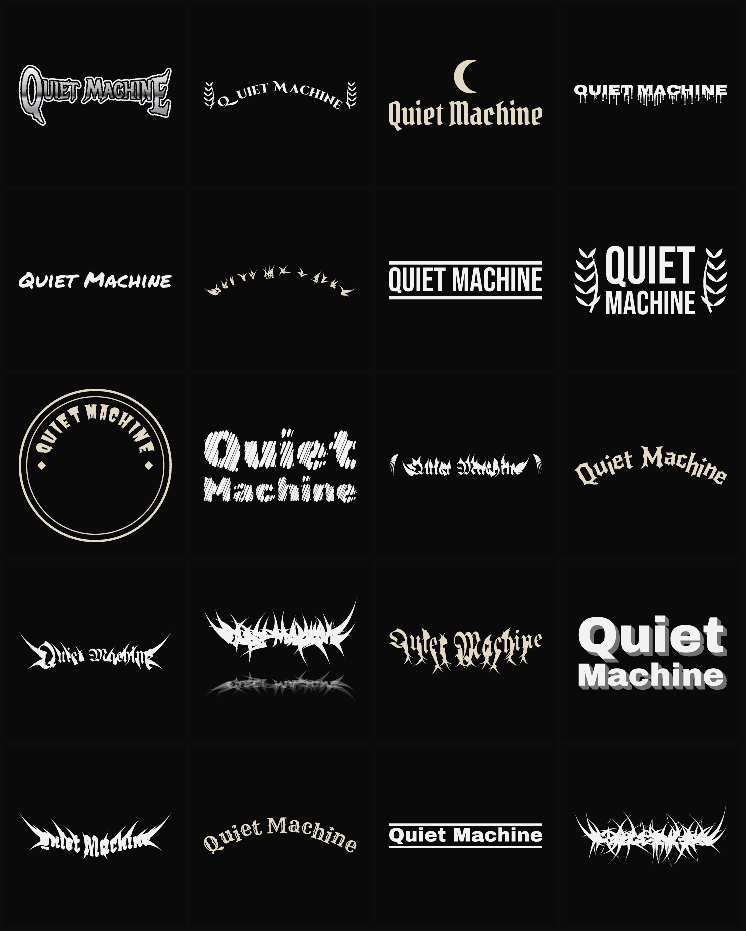 Twenty Quiet Machine band logo ideas — different faces, treatments and spike settings