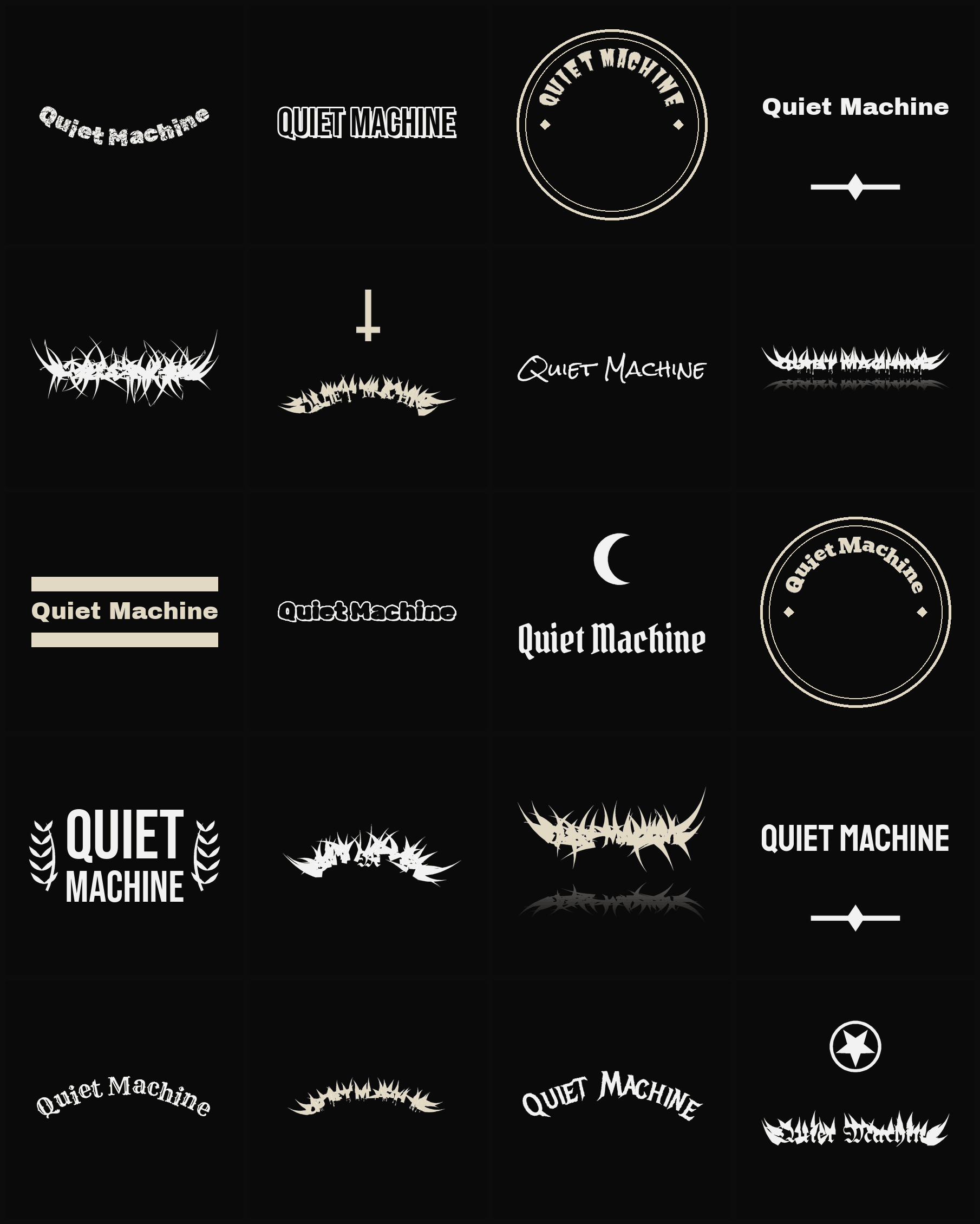 Twenty Quiet Machine band logo ideas — different faces, treatments and spike settings