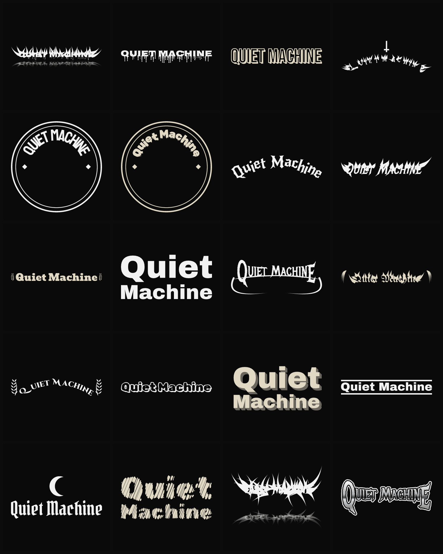 Twenty Quiet Machine band logo ideas — different faces, treatments and spike settings