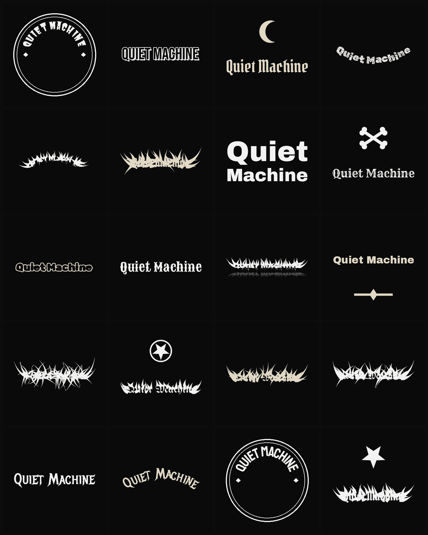 Twenty Quiet Machine band logo ideas — different faces, treatments and spike settings