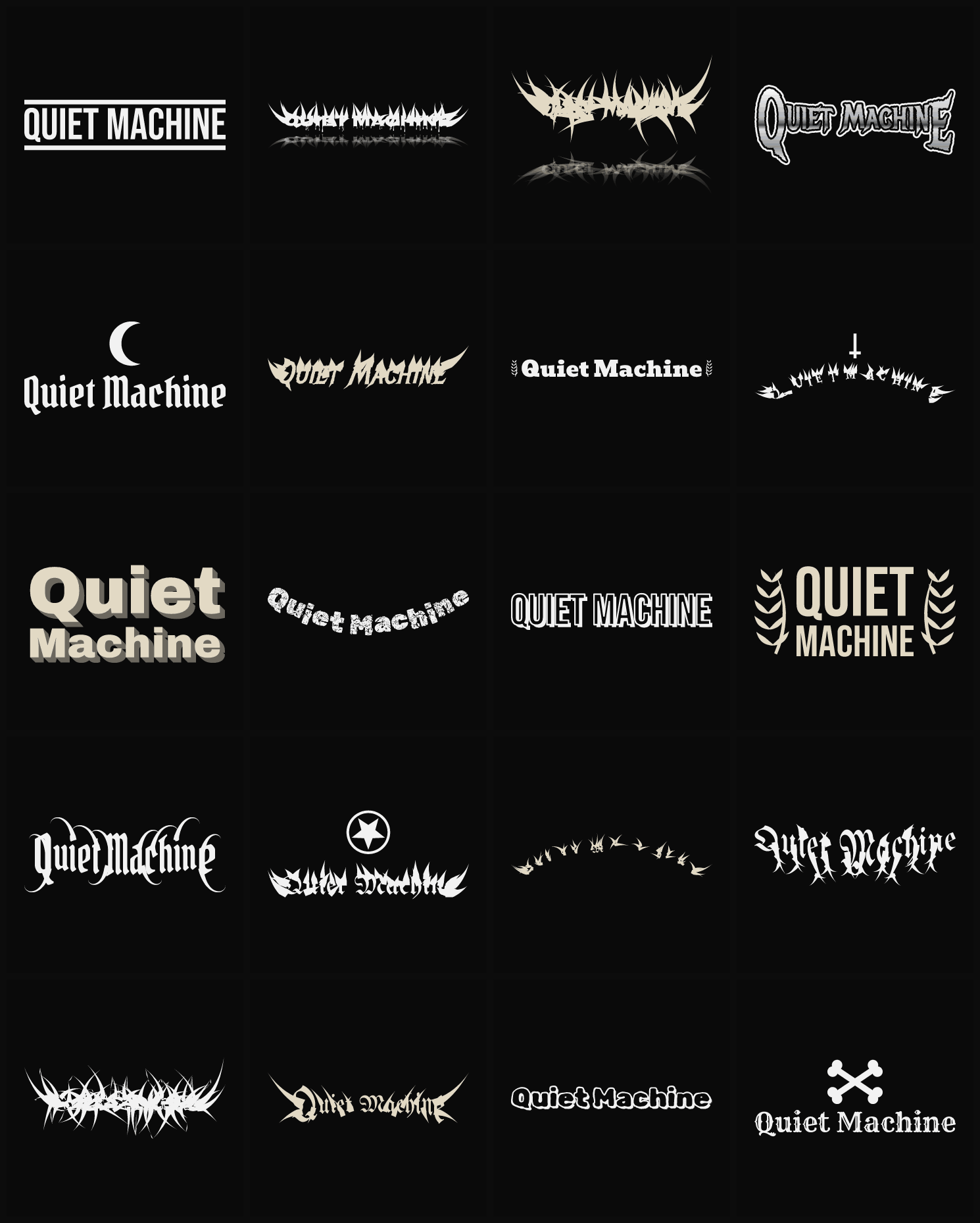 Twenty Quiet Machine band logo ideas — different faces, treatments and spike settings