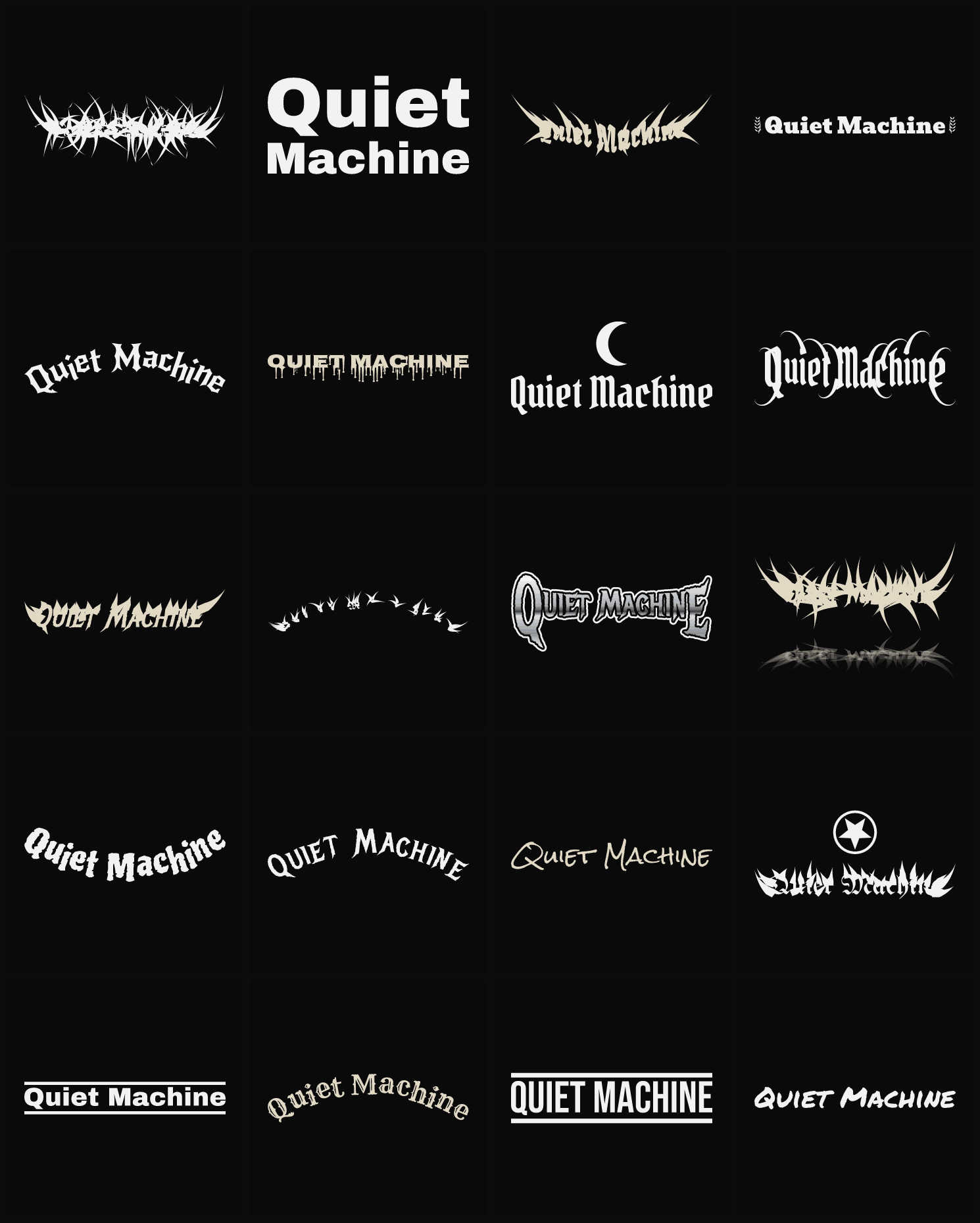 Twenty Quiet Machine band logo ideas — different faces, treatments and spike settings
