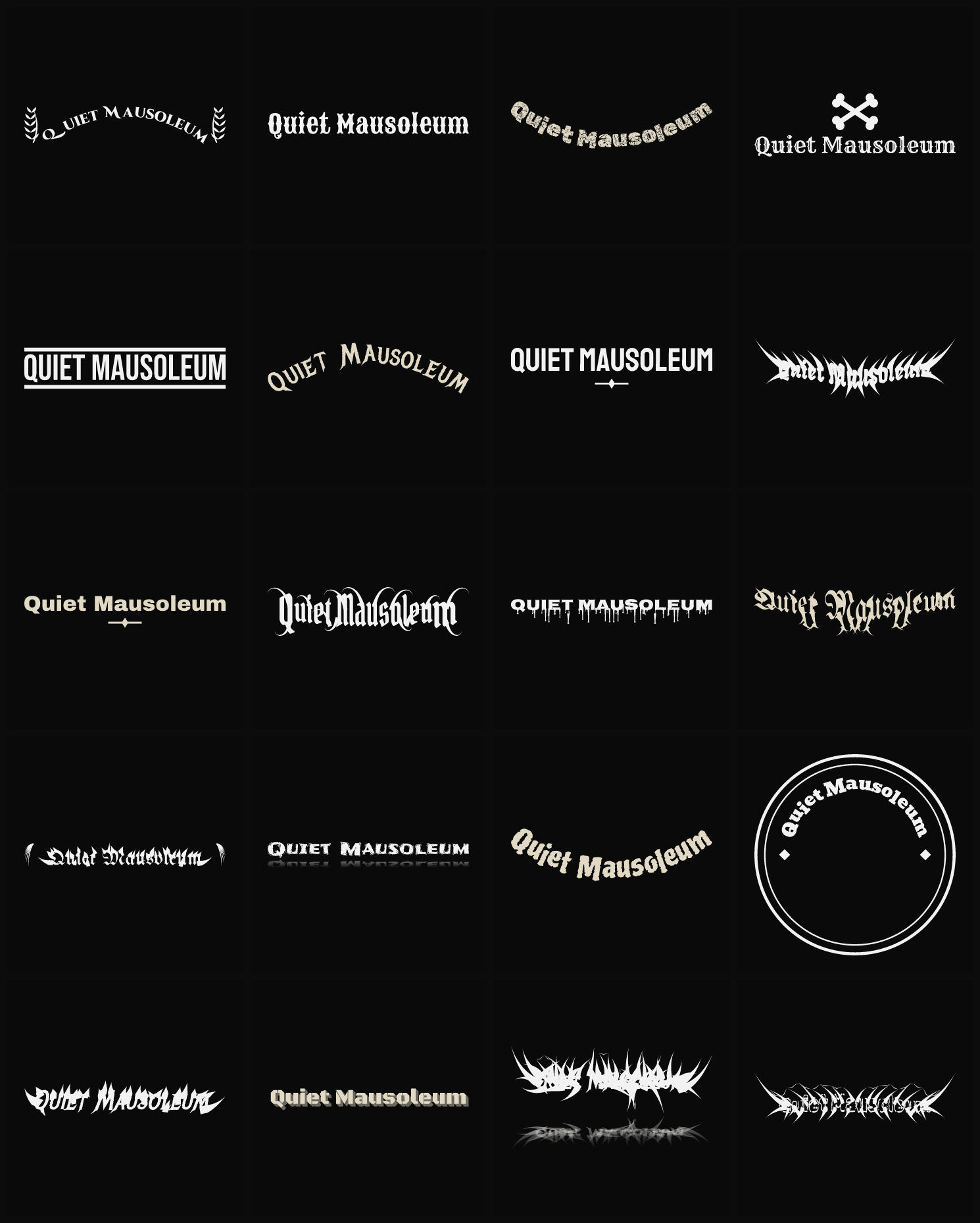 Twenty Quiet Mausoleum band logo ideas — different faces, treatments and spike settings