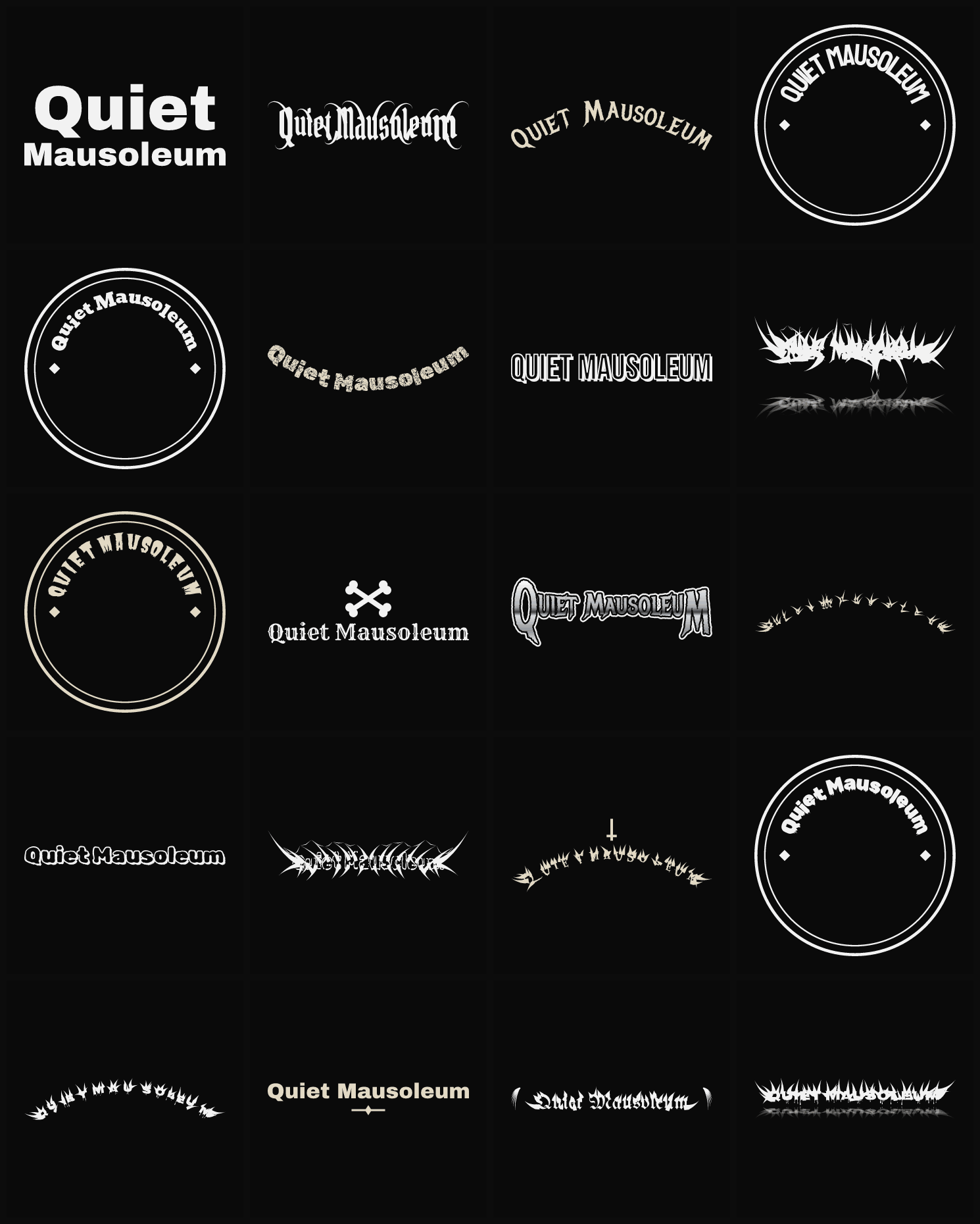 Twenty Quiet Mausoleum band logo ideas — different faces, treatments and spike settings