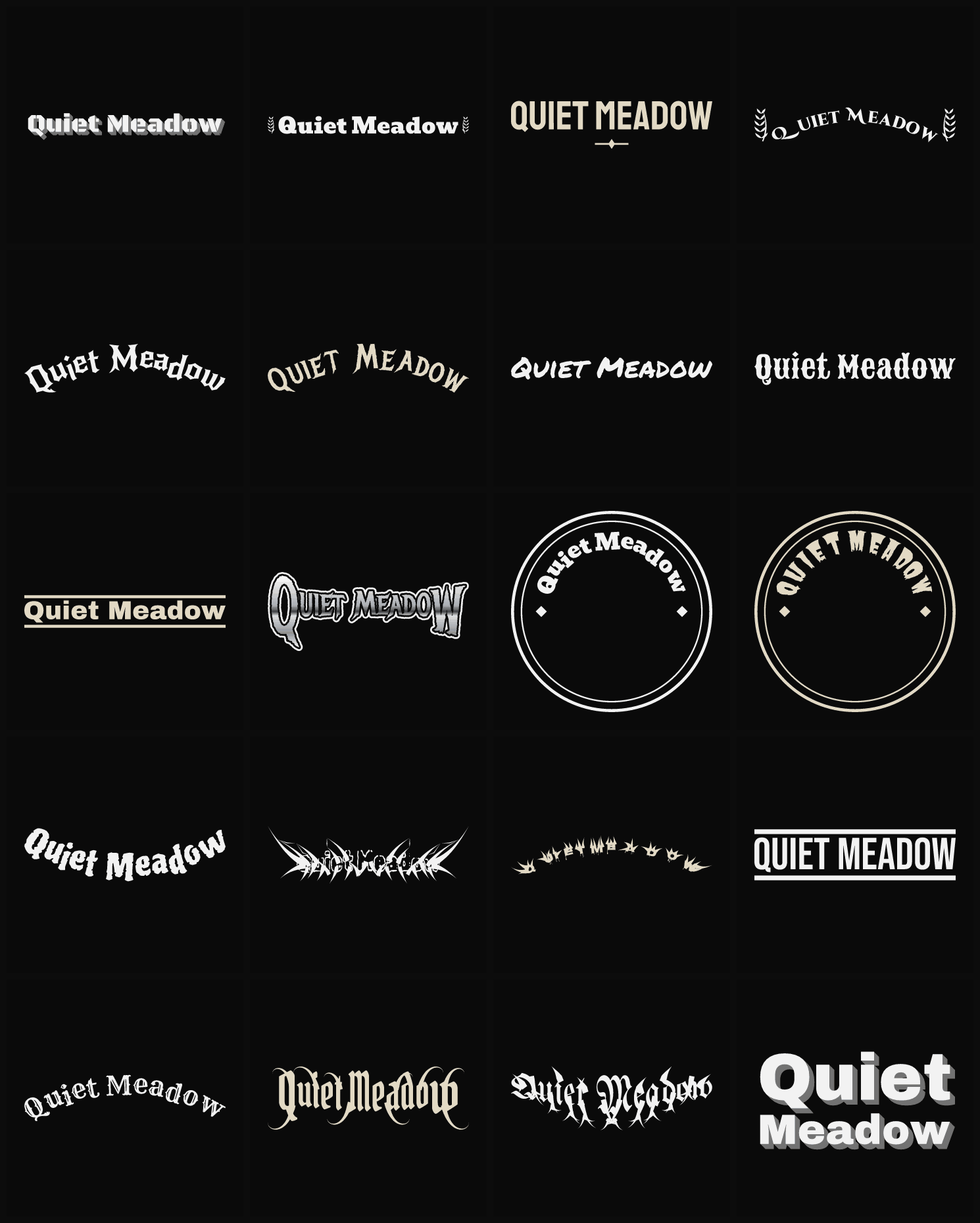Twenty Quiet Meadow band logo ideas — different faces, treatments and spike settings