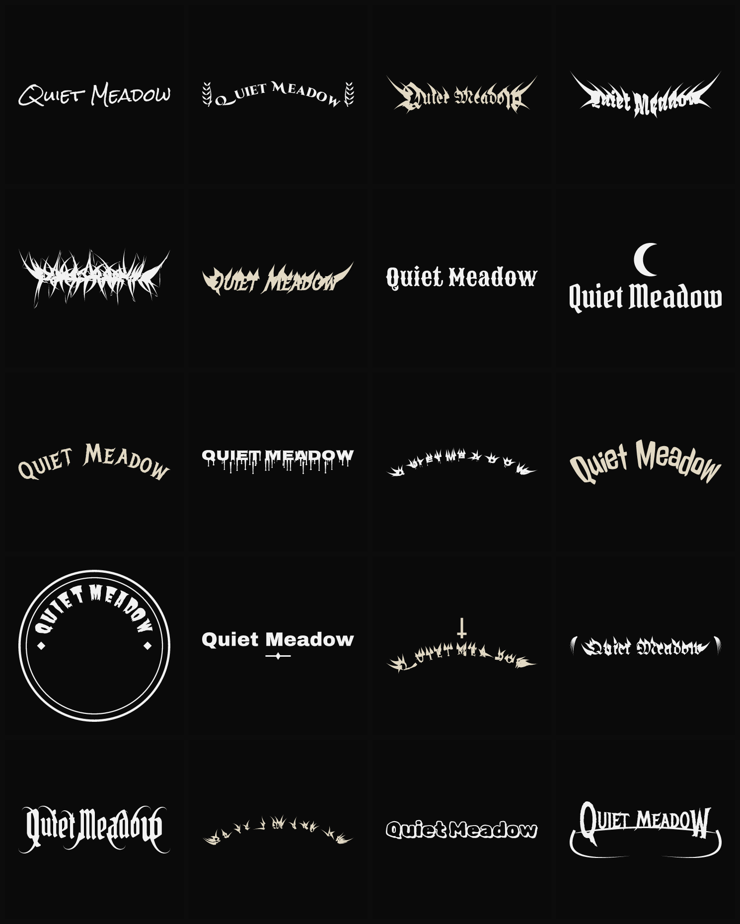 Twenty Quiet Meadow band logo ideas — different faces, treatments and spike settings