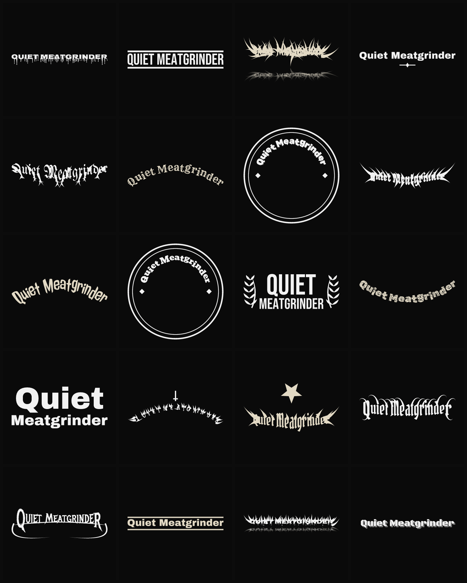 Twenty Quiet Meatgrinder band logo ideas — different faces, treatments and spike settings