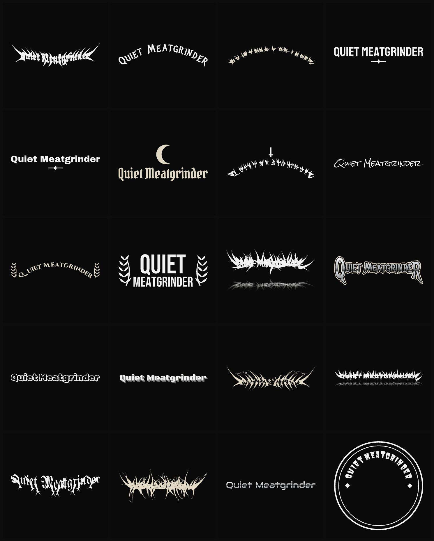 Twenty Quiet Meatgrinder band logo ideas — different faces, treatments and spike settings