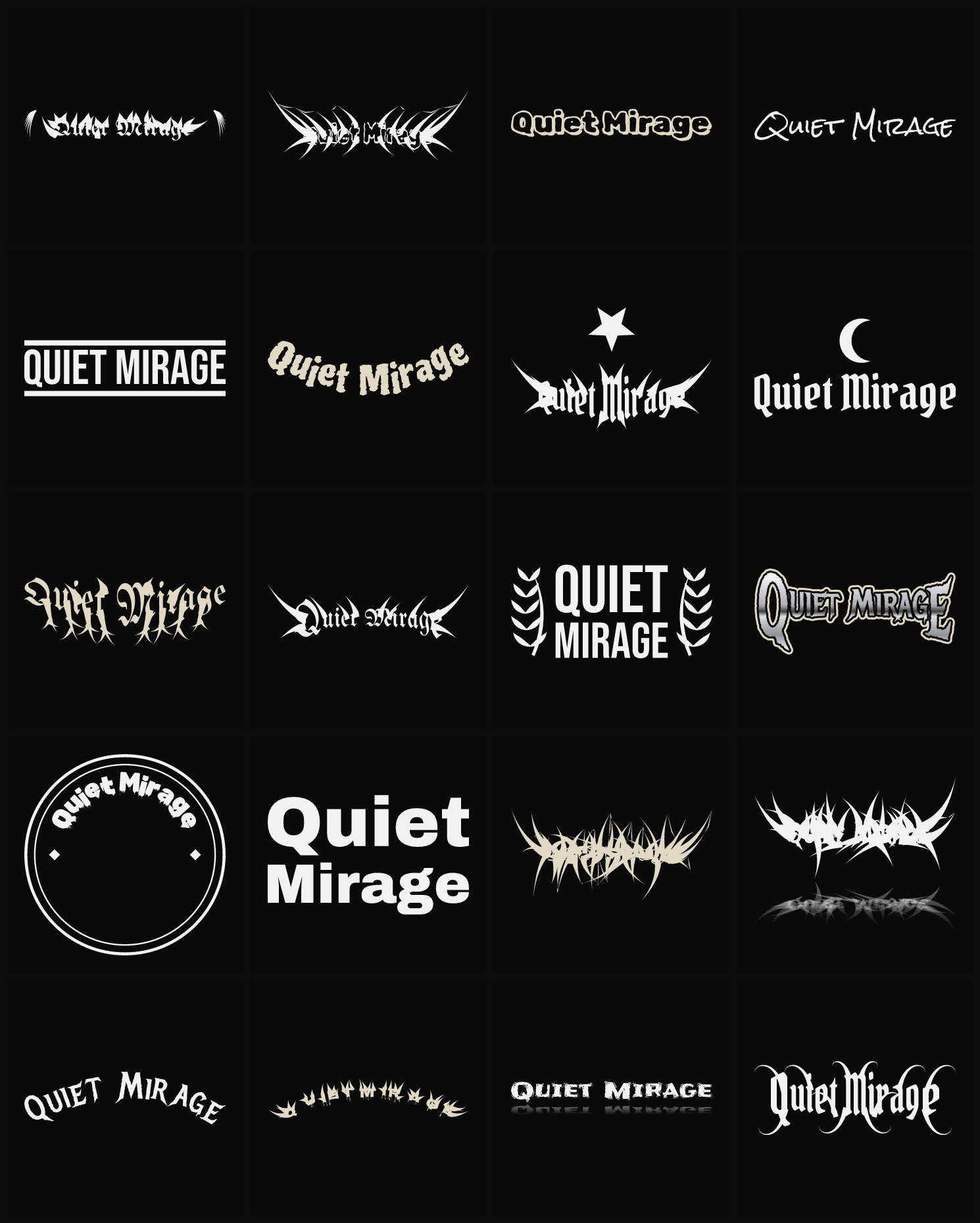Twenty Quiet Mirage band logo ideas — different faces, treatments and spike settings