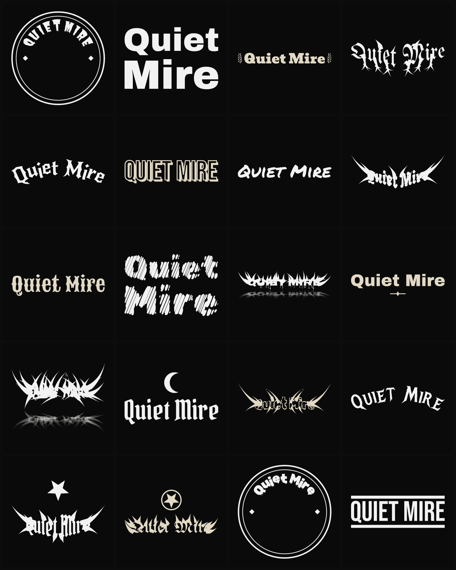 Twenty Quiet Mire band logo ideas — different faces, treatments and spike settings