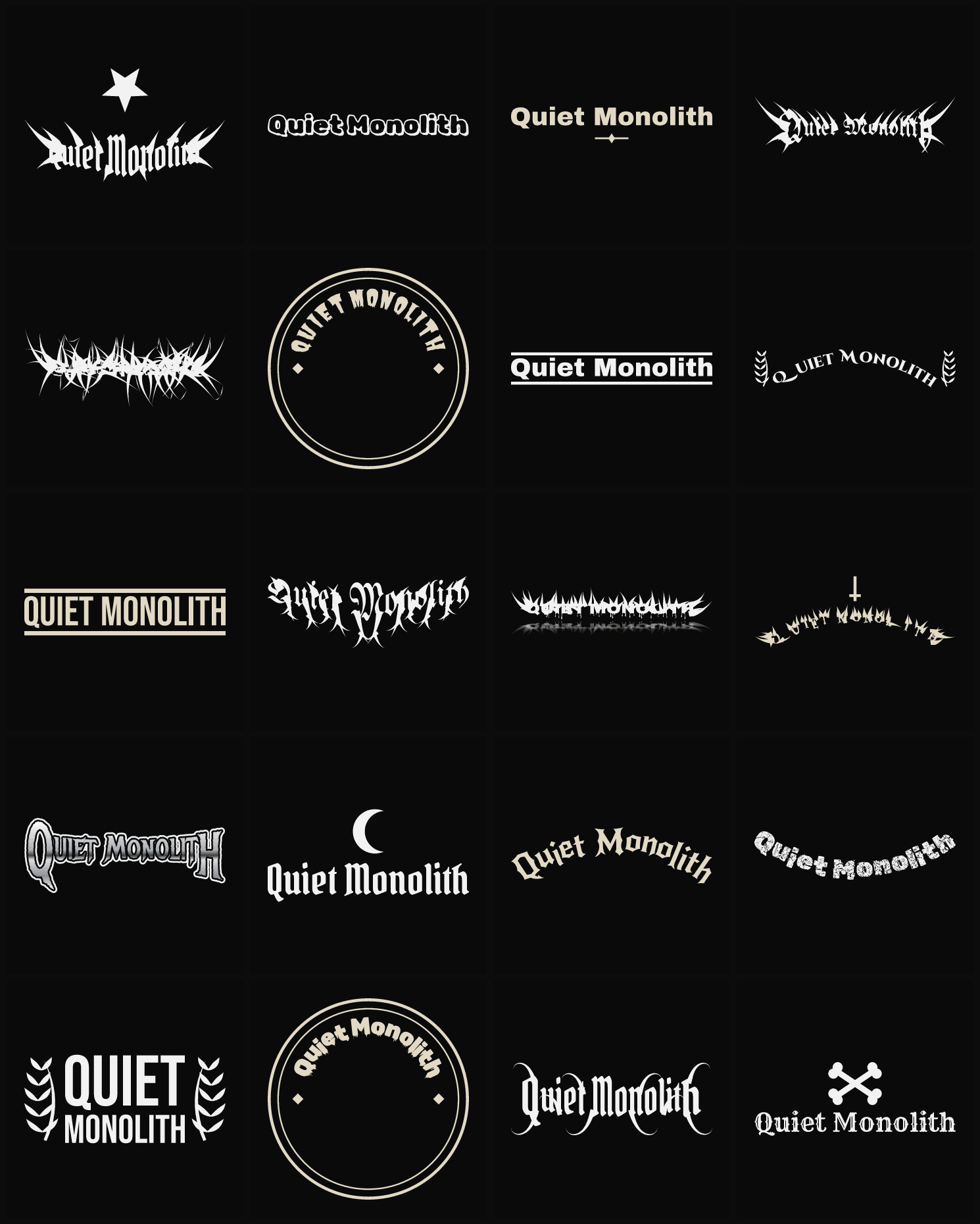Twenty Quiet Monolith band logo ideas — different faces, treatments and spike settings