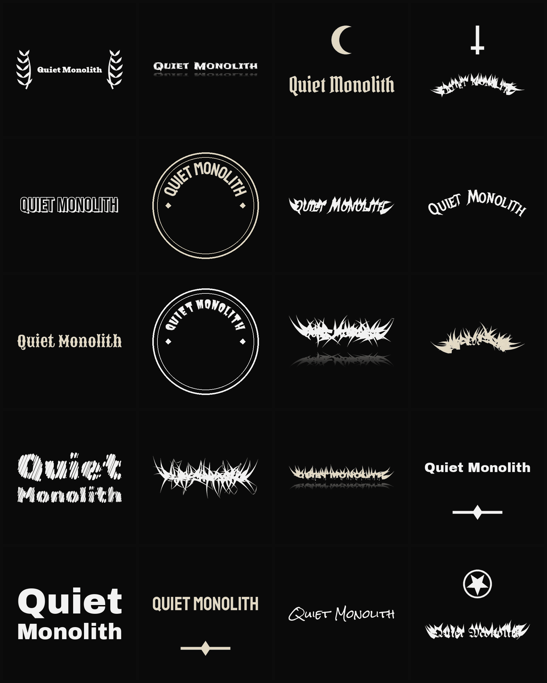 Twenty Quiet Monolith band logo ideas — different faces, treatments and spike settings