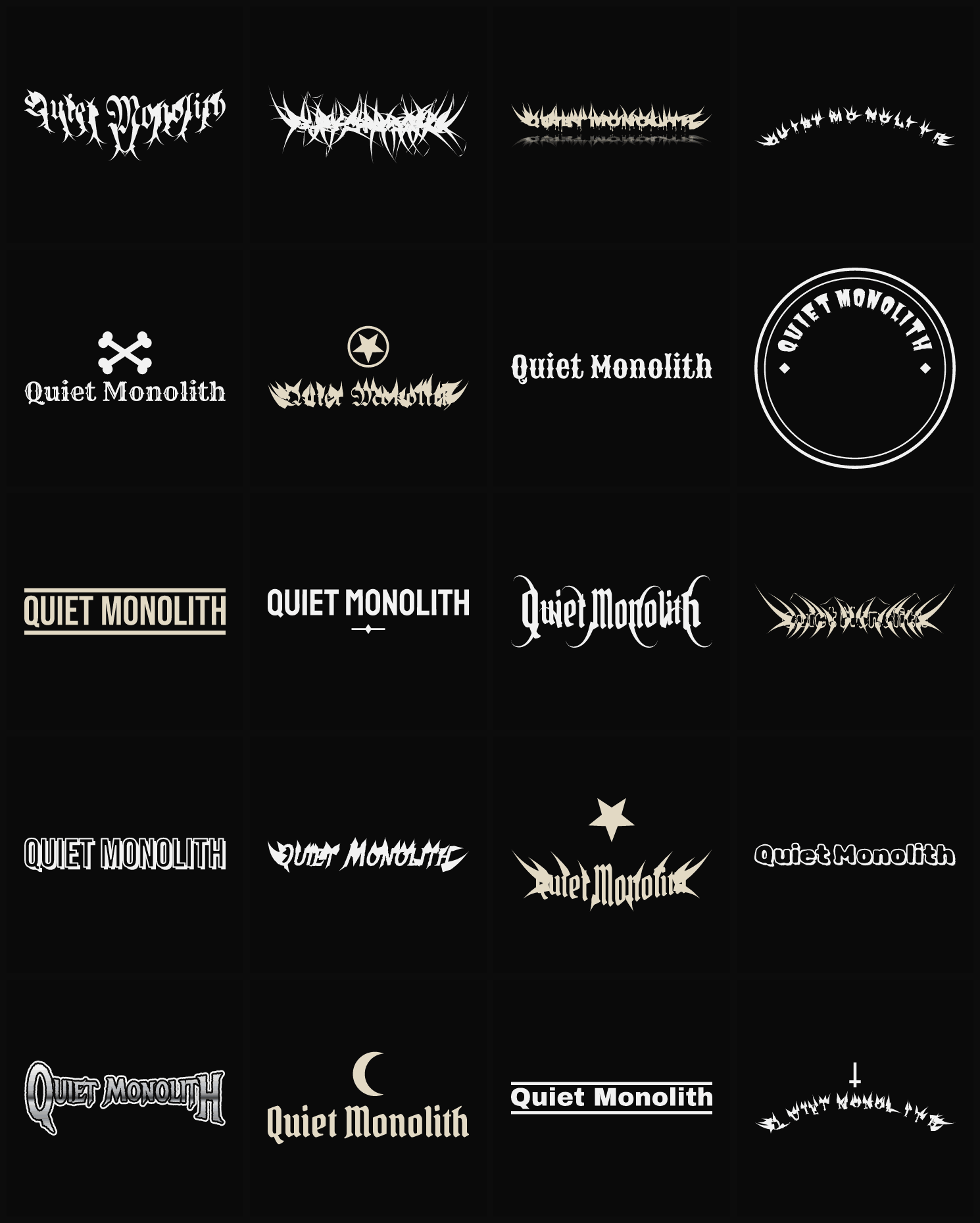 Twenty Quiet Monolith band logo ideas — different faces, treatments and spike settings