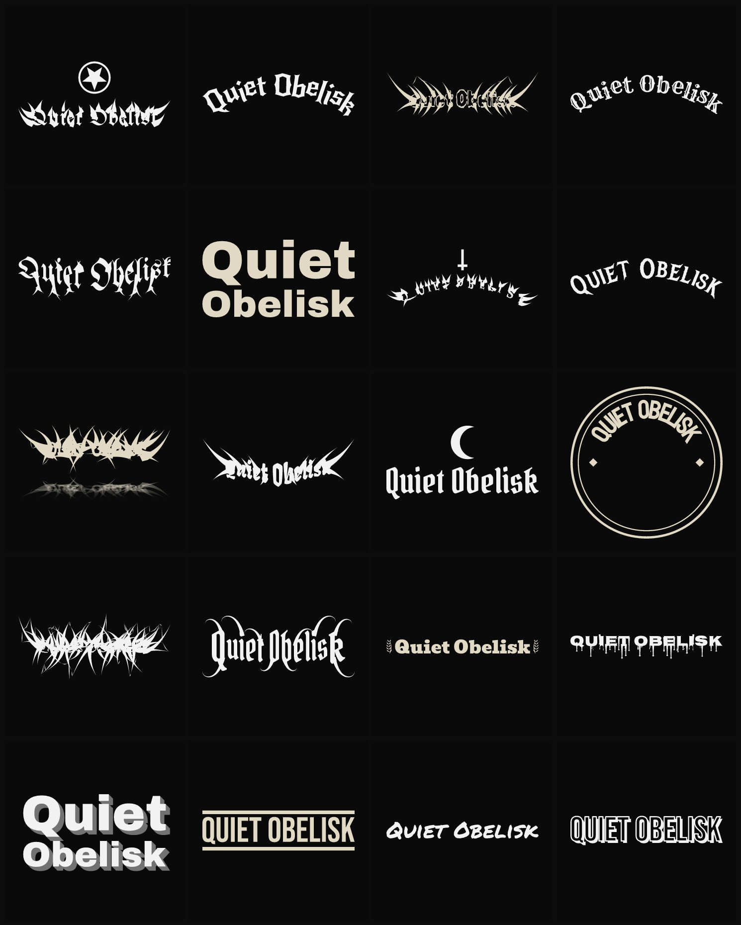 Twenty Quiet Obelisk band logo ideas — different faces, treatments and spike settings