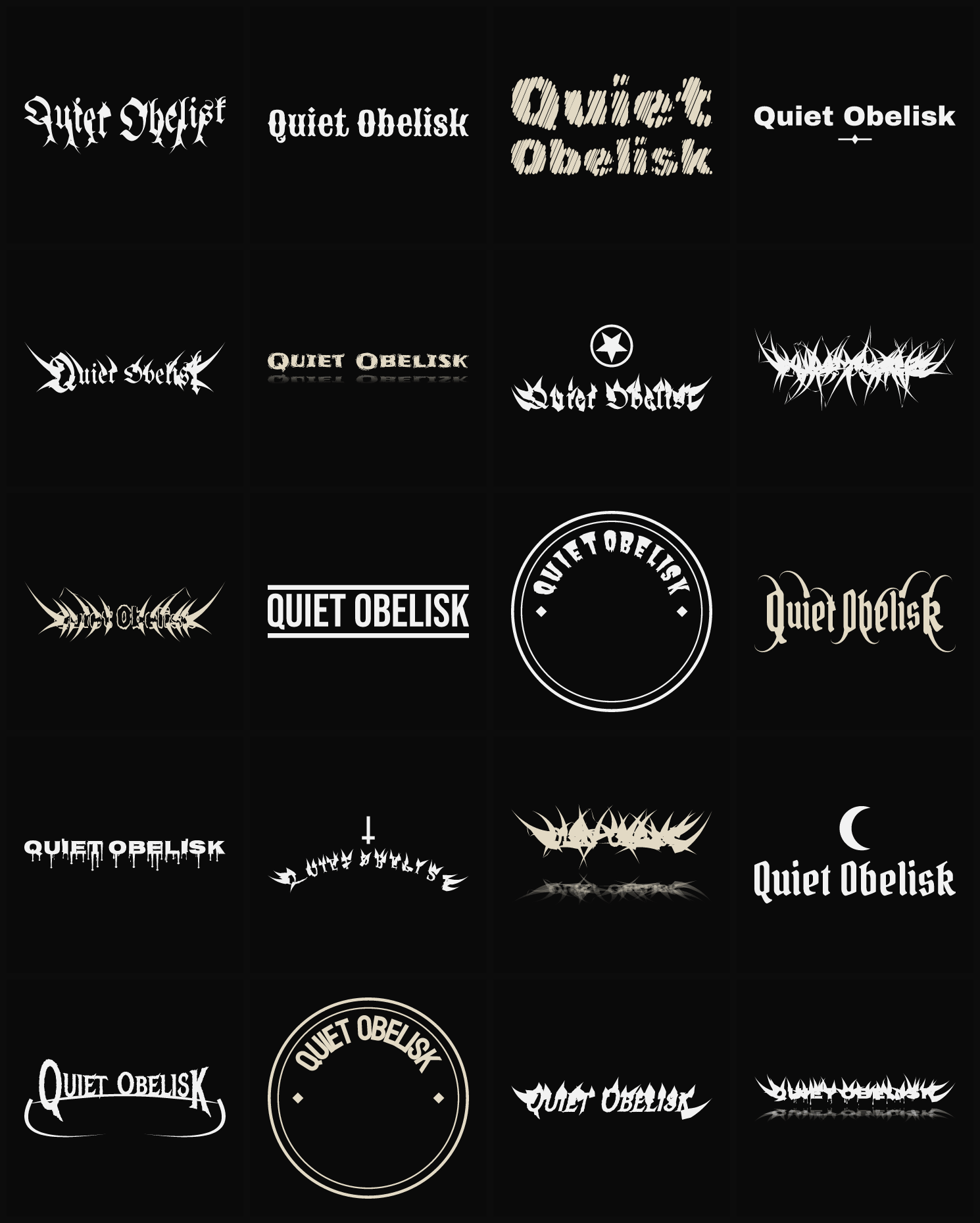 Twenty Quiet Obelisk band logo ideas — different faces, treatments and spike settings
