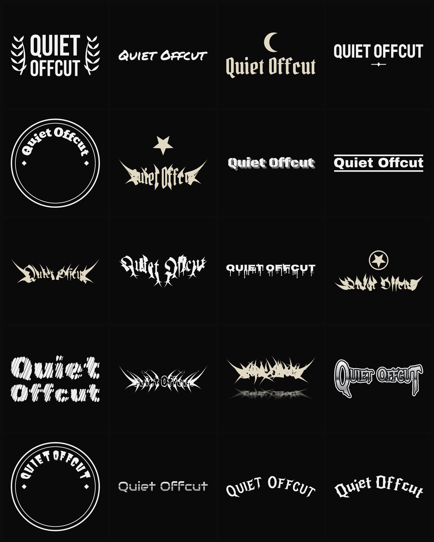 Twenty Quiet Offcut band logo ideas — different faces, treatments and spike settings