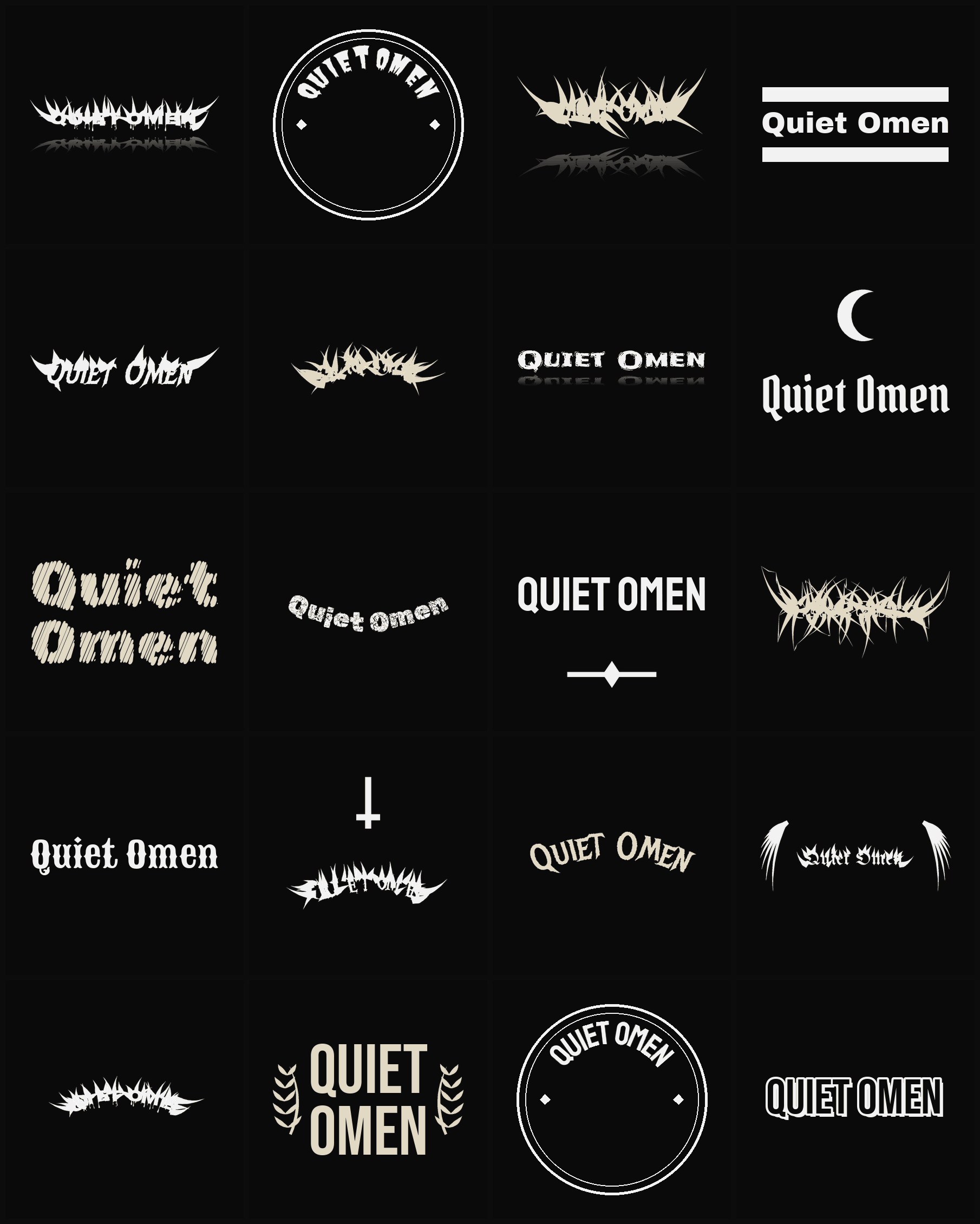 Twenty Quiet Omen band logo ideas — different faces, treatments and spike settings