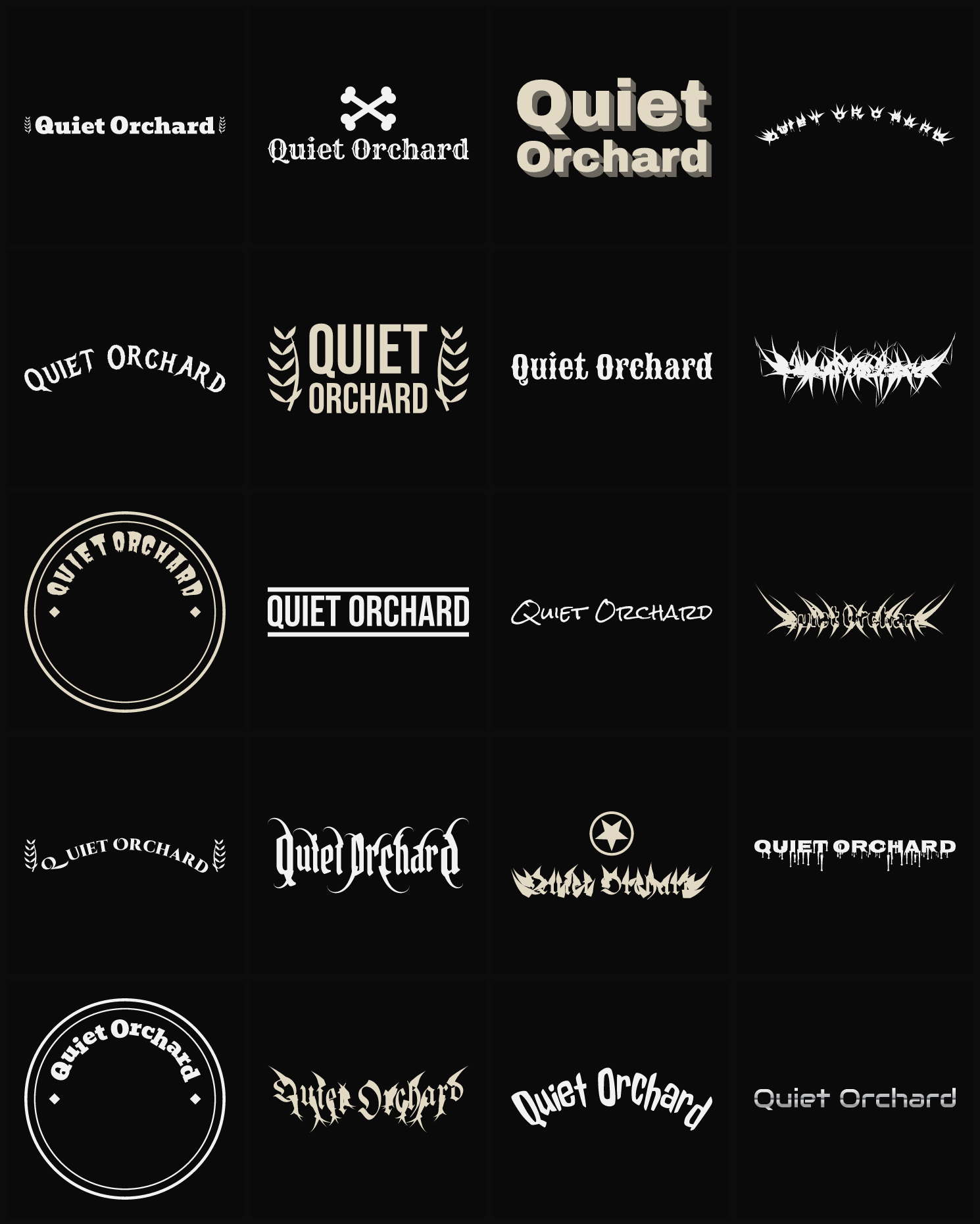 Twenty Quiet Orchard band logo ideas — different faces, treatments and spike settings