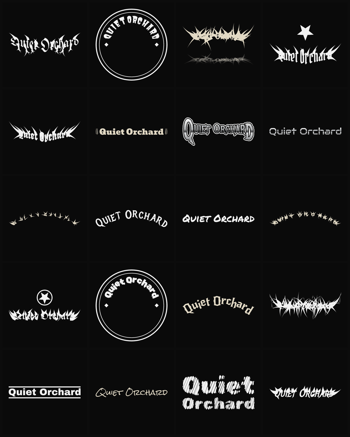 Twenty Quiet Orchard band logo ideas — different faces, treatments and spike settings
