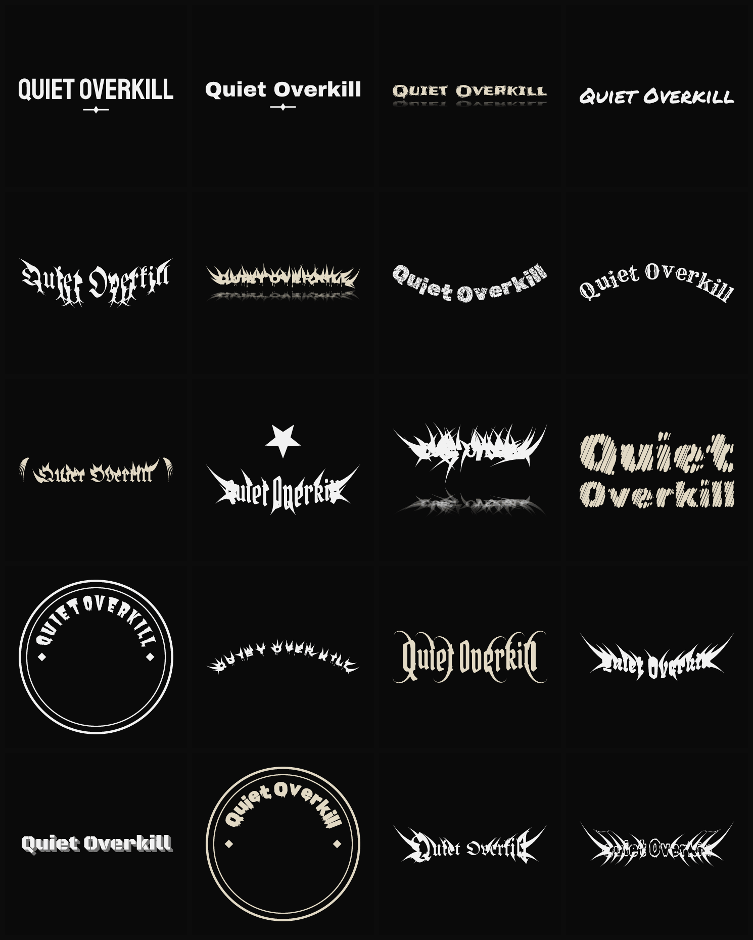 Twenty Quiet Overkill band logo ideas — different faces, treatments and spike settings