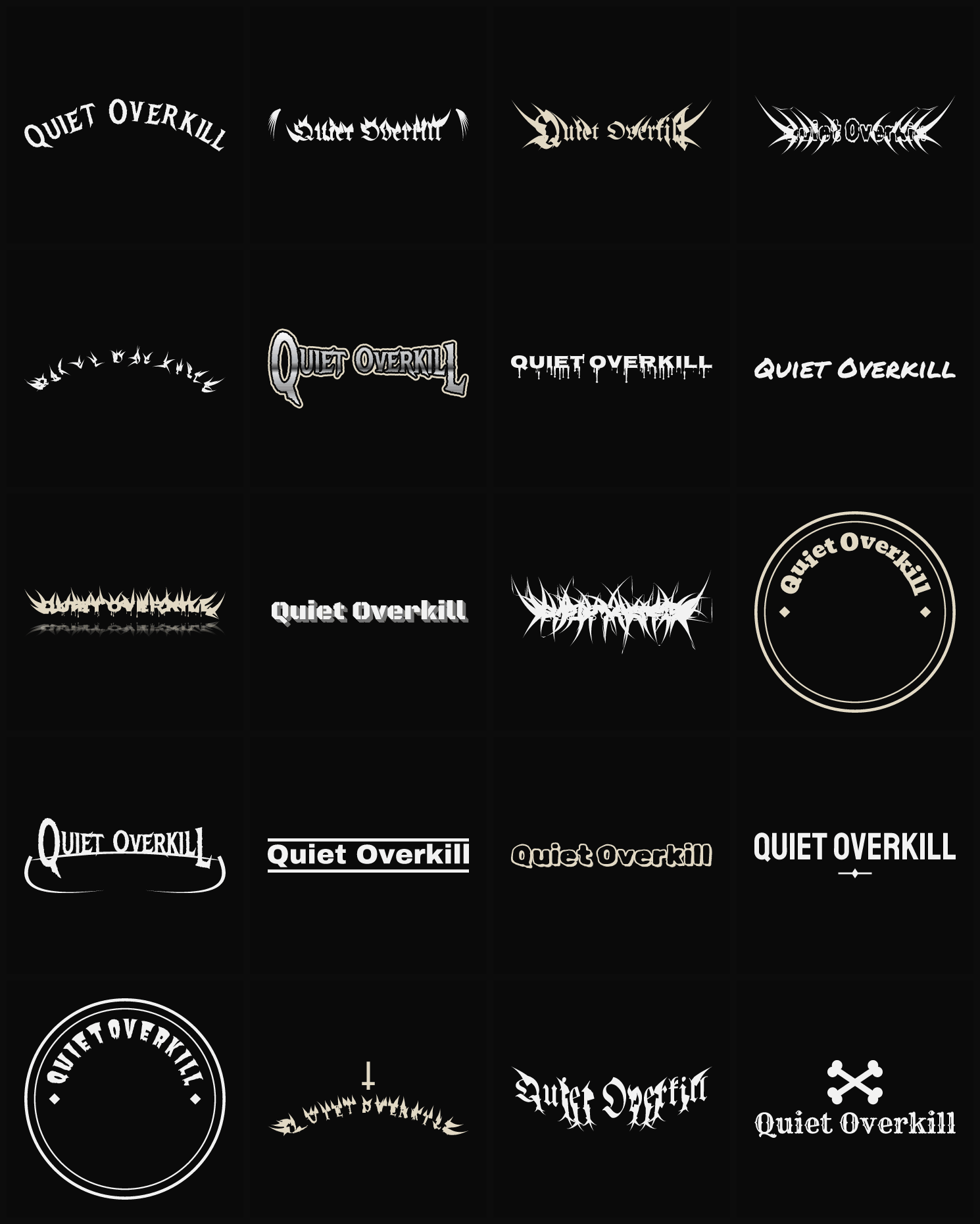 Twenty Quiet Overkill band logo ideas — different faces, treatments and spike settings