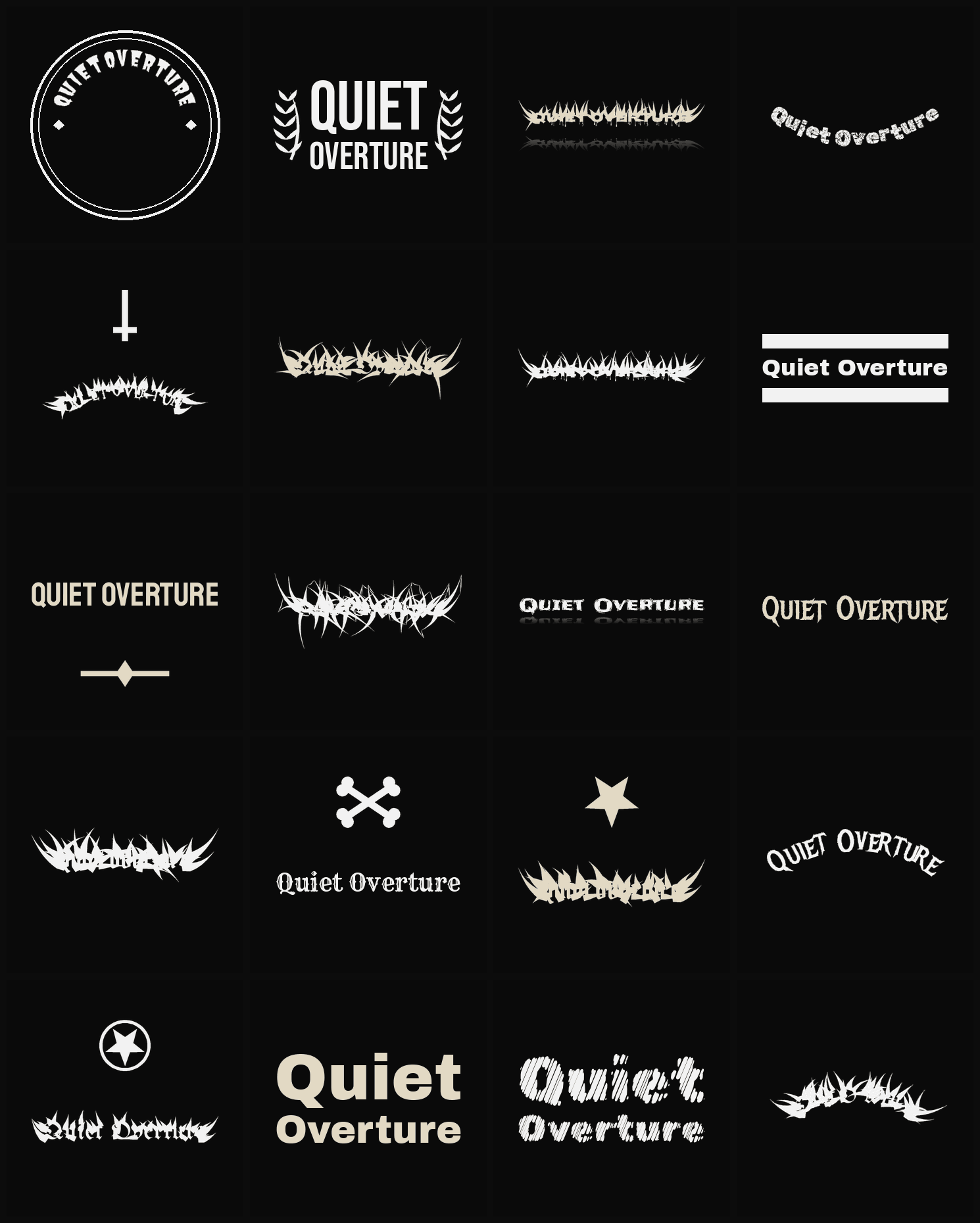 Twenty Quiet Overture band logo ideas — different faces, treatments and spike settings