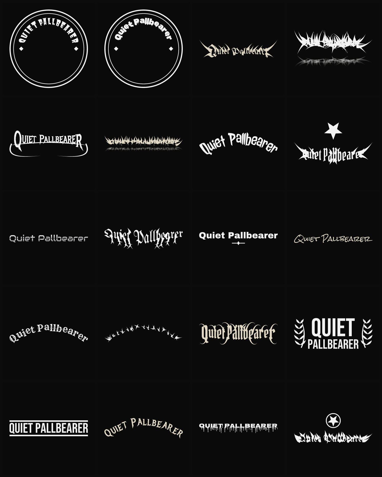 Twenty Quiet Pallbearer band logo ideas — different faces, treatments and spike settings