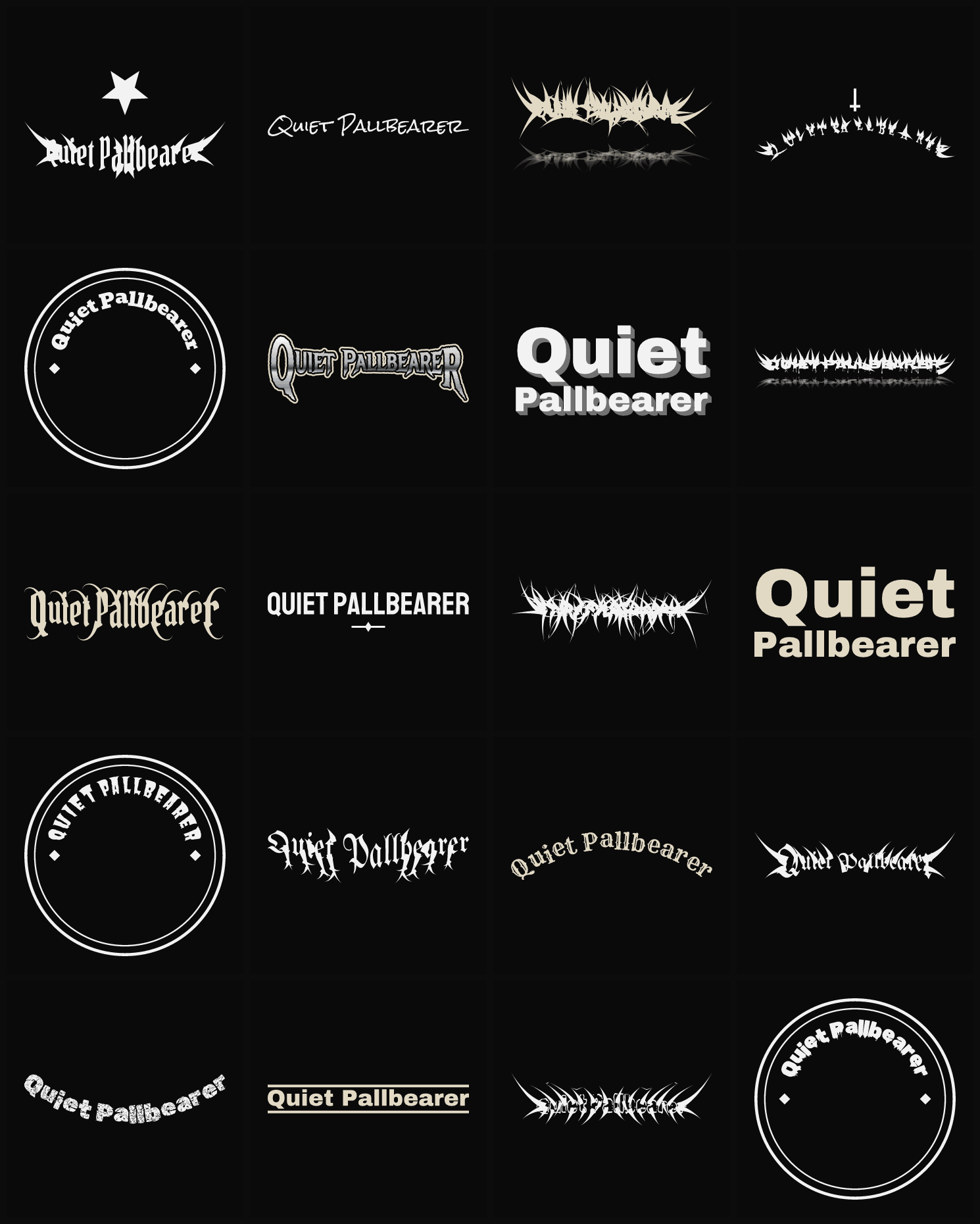 Twenty Quiet Pallbearer band logo ideas — different faces, treatments and spike settings