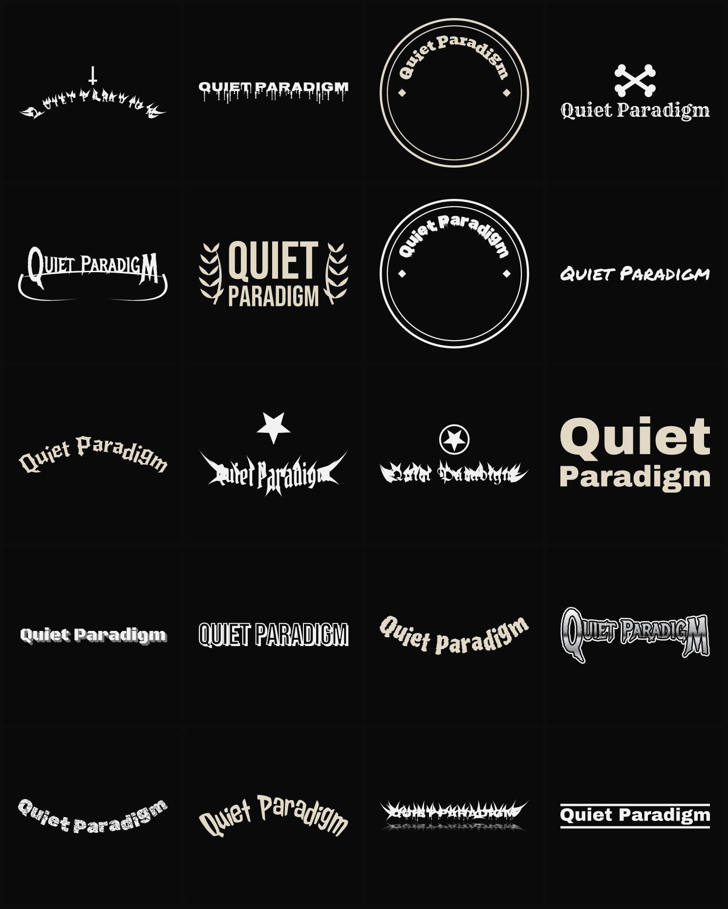 Twenty Quiet Paradigm band logo ideas — different faces, treatments and spike settings