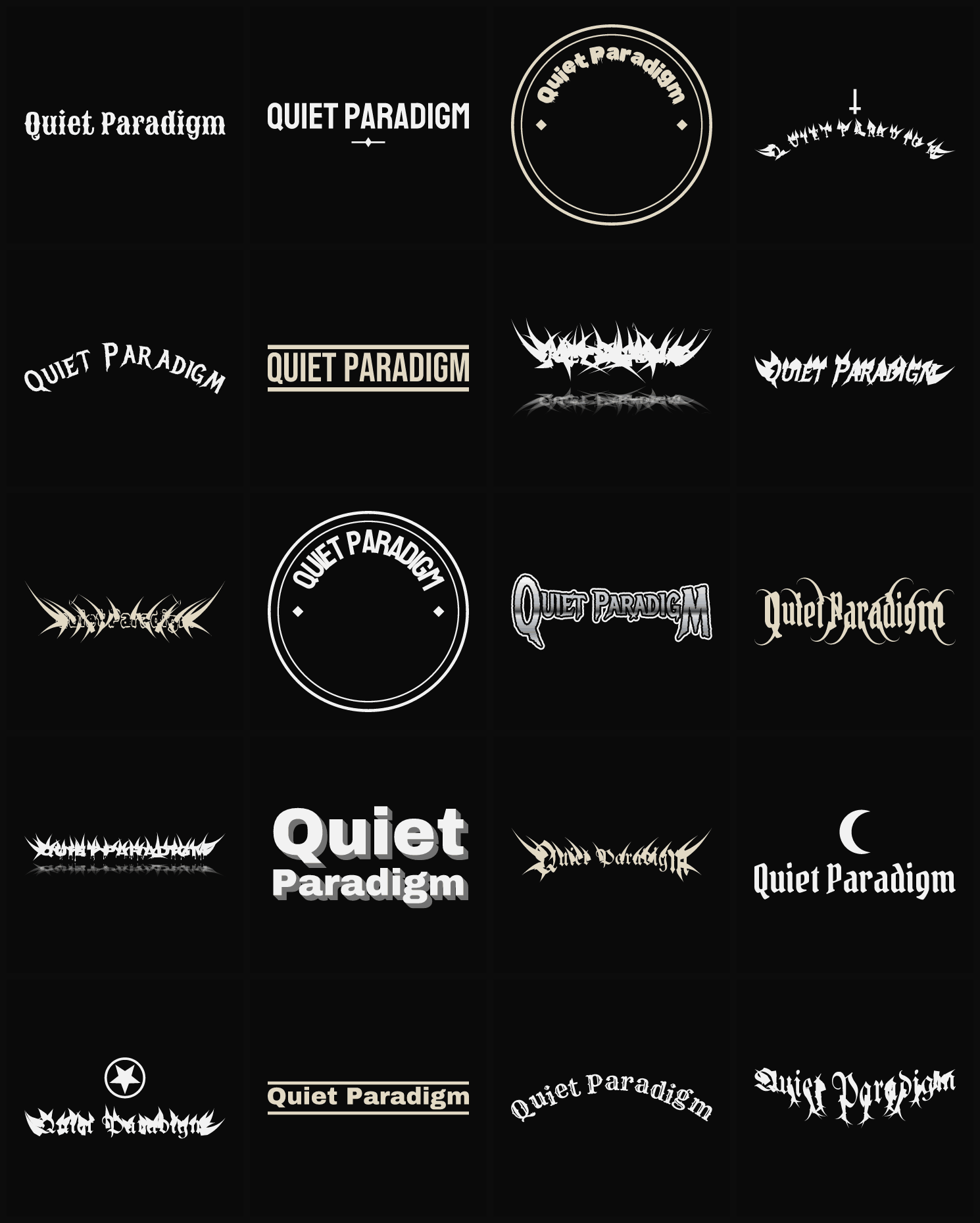 Twenty Quiet Paradigm band logo ideas — different faces, treatments and spike settings