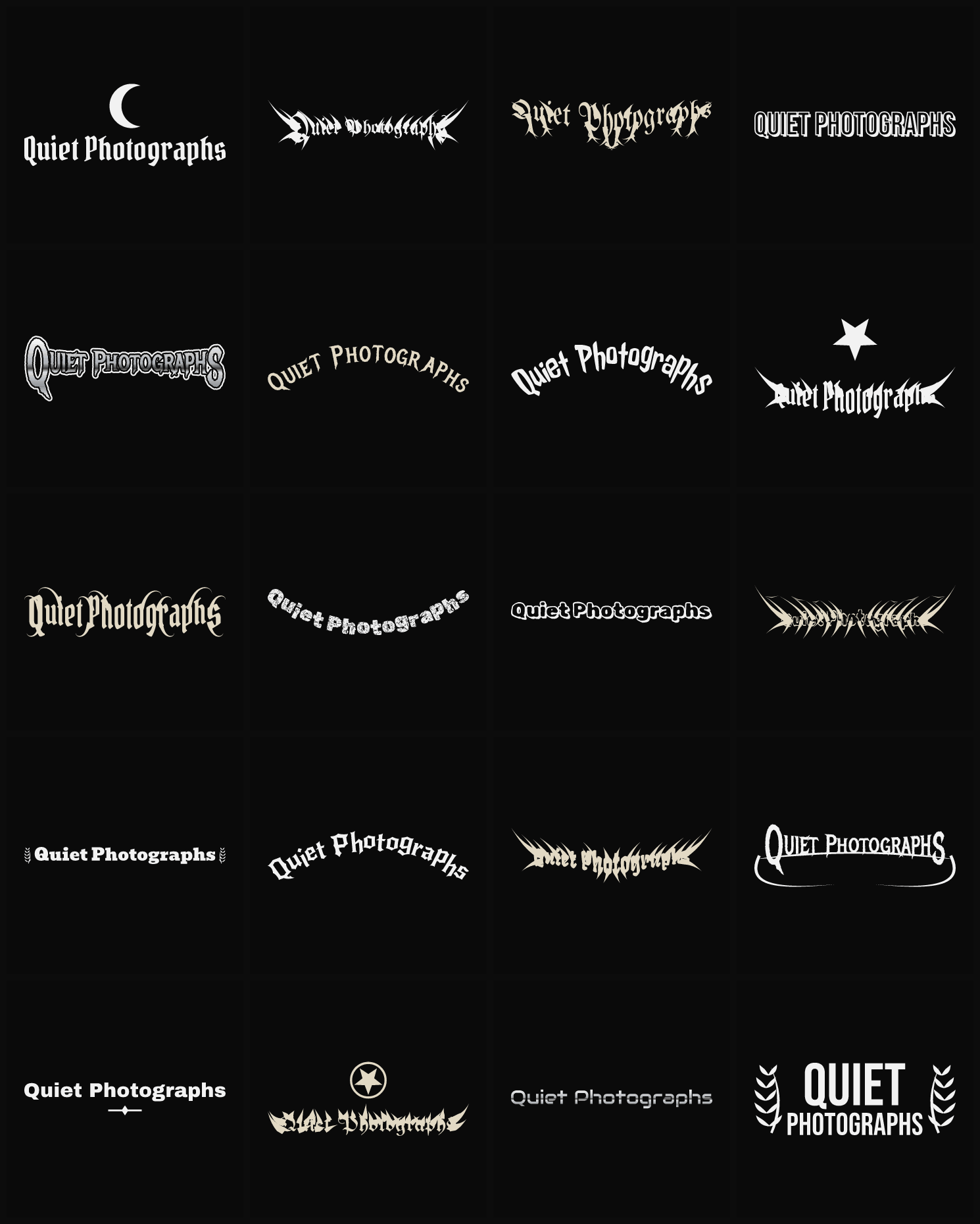Twenty Quiet Photographs band logo ideas — different faces, treatments and spike settings