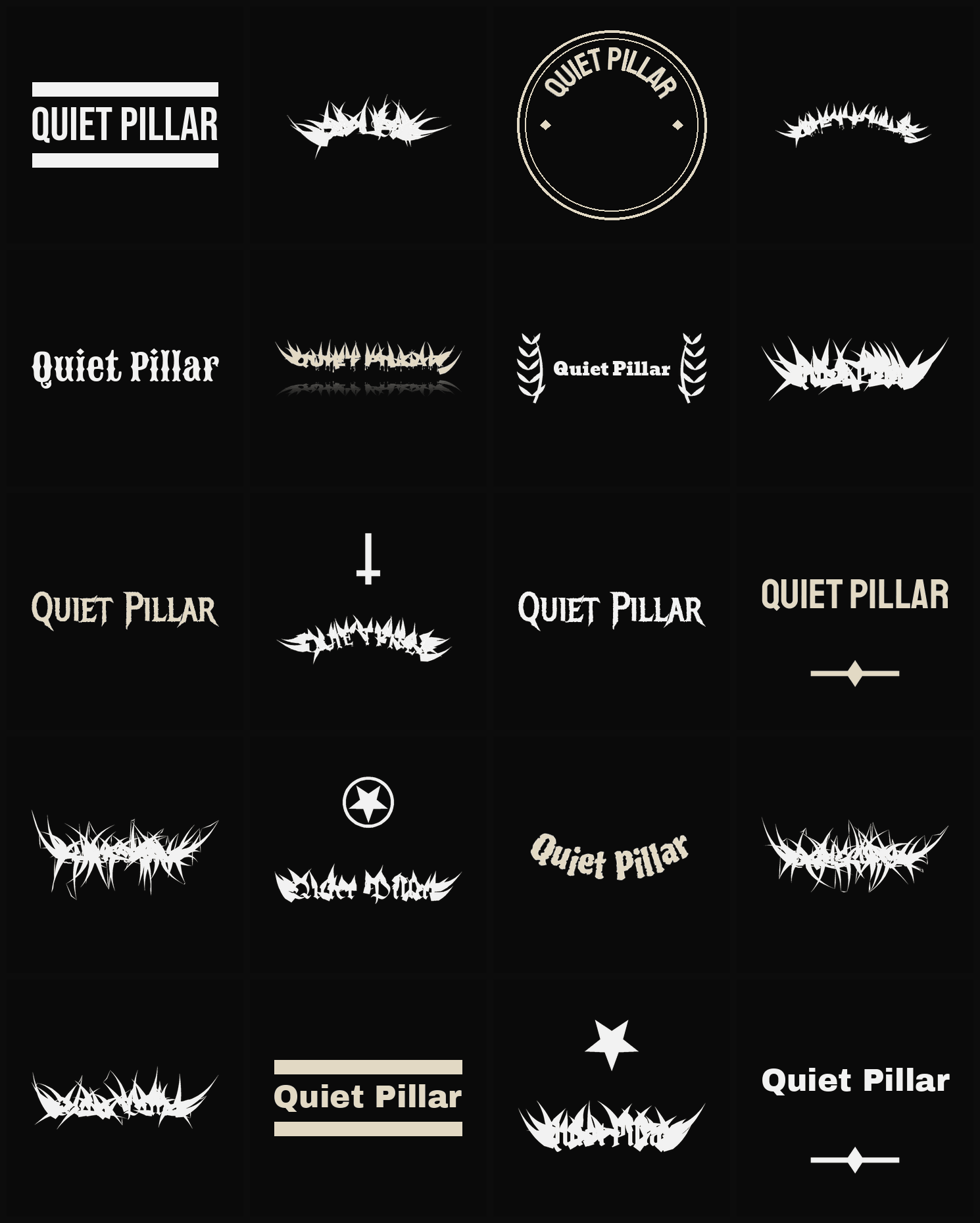 Twenty Quiet Pillar band logo ideas — different faces, treatments and spike settings