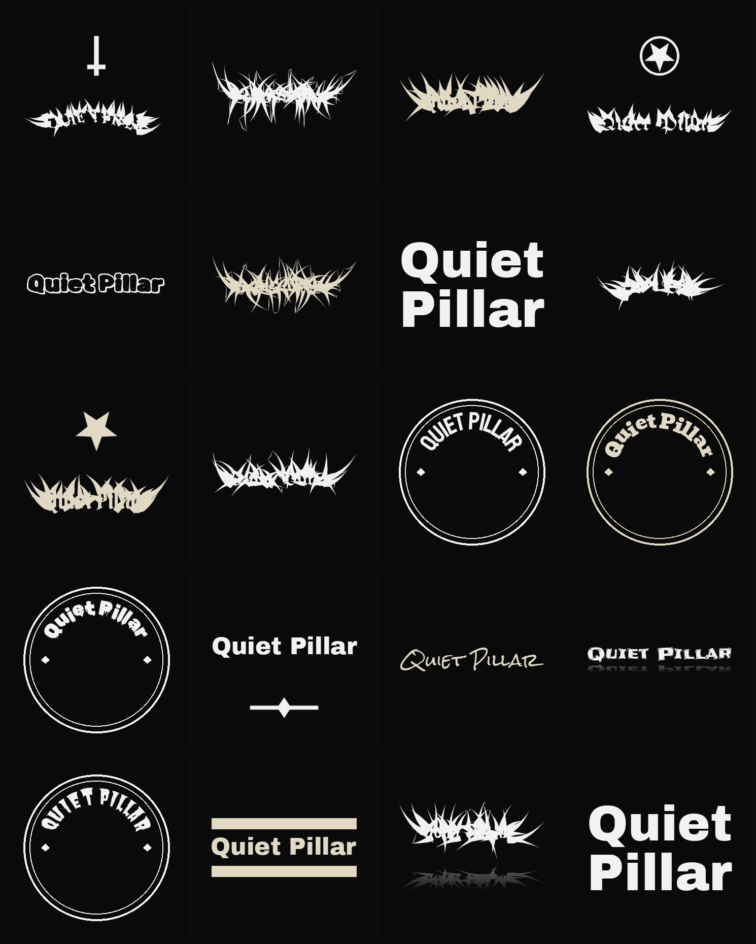 Twenty Quiet Pillar band logo ideas — different faces, treatments and spike settings