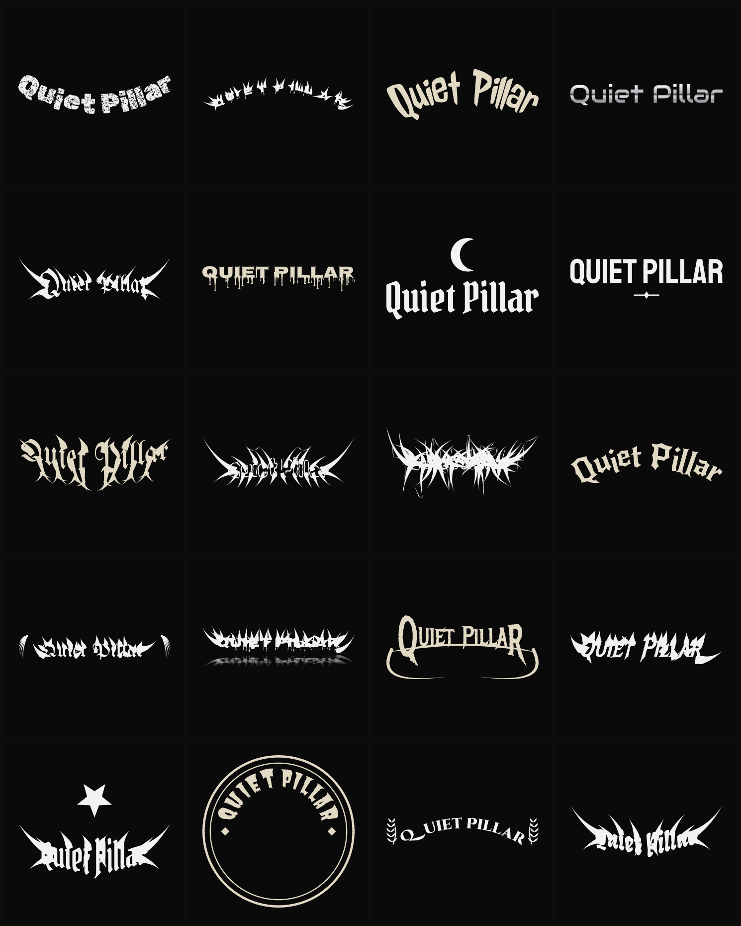 Twenty Quiet Pillar band logo ideas — different faces, treatments and spike settings
