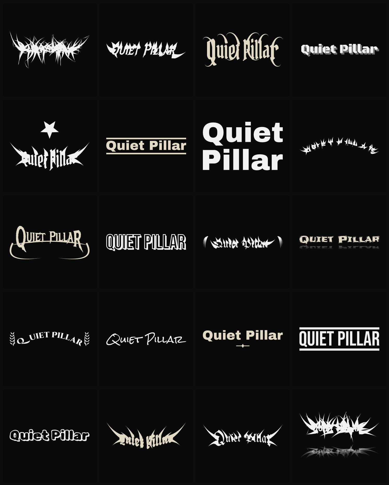 Twenty Quiet Pillar band logo ideas — different faces, treatments and spike settings