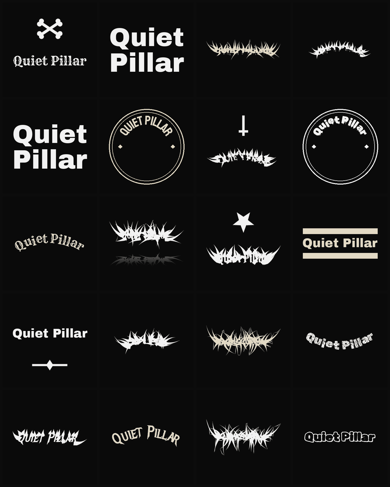 Twenty Quiet Pillar band logo ideas — different faces, treatments and spike settings