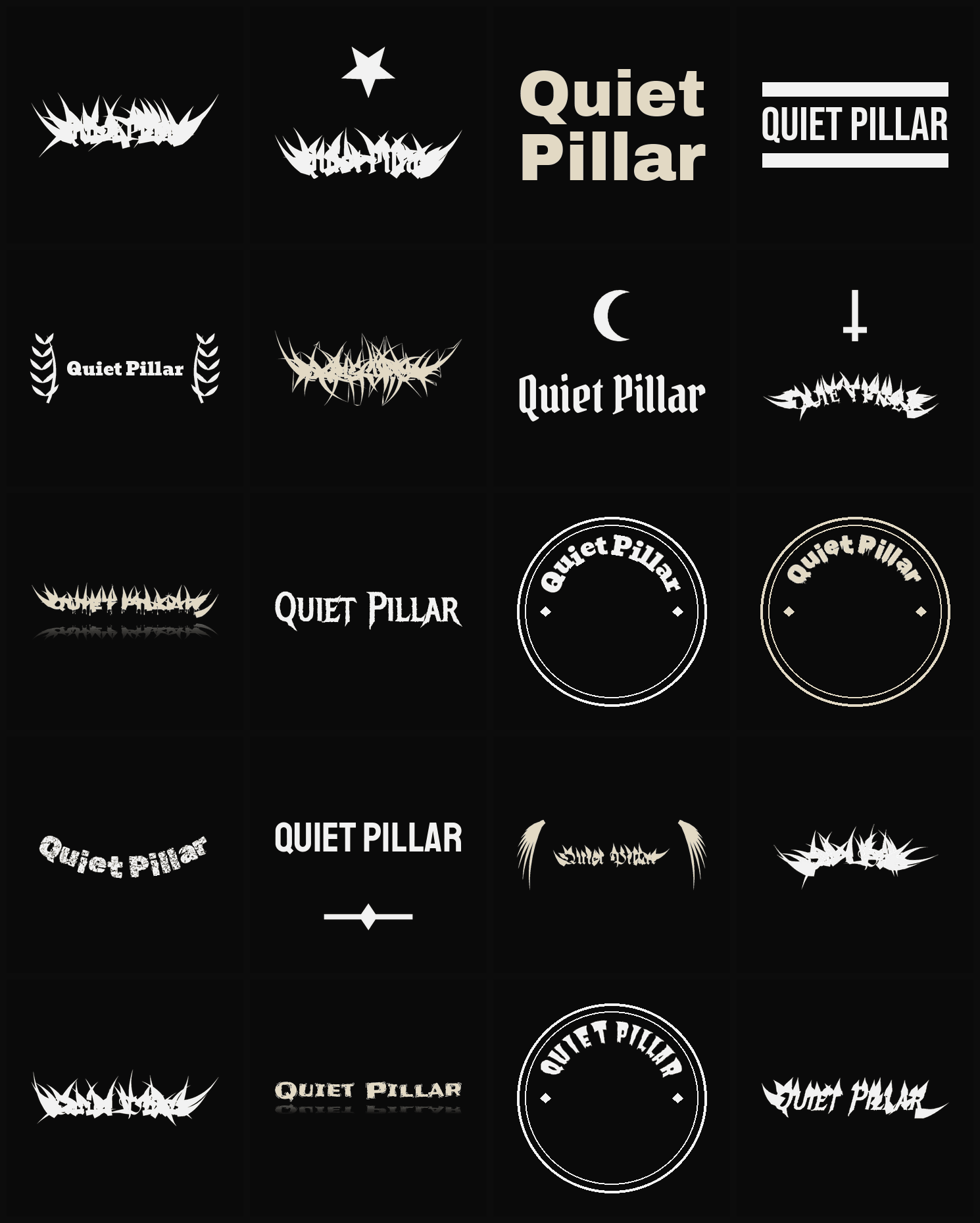 Twenty Quiet Pillar band logo ideas — different faces, treatments and spike settings